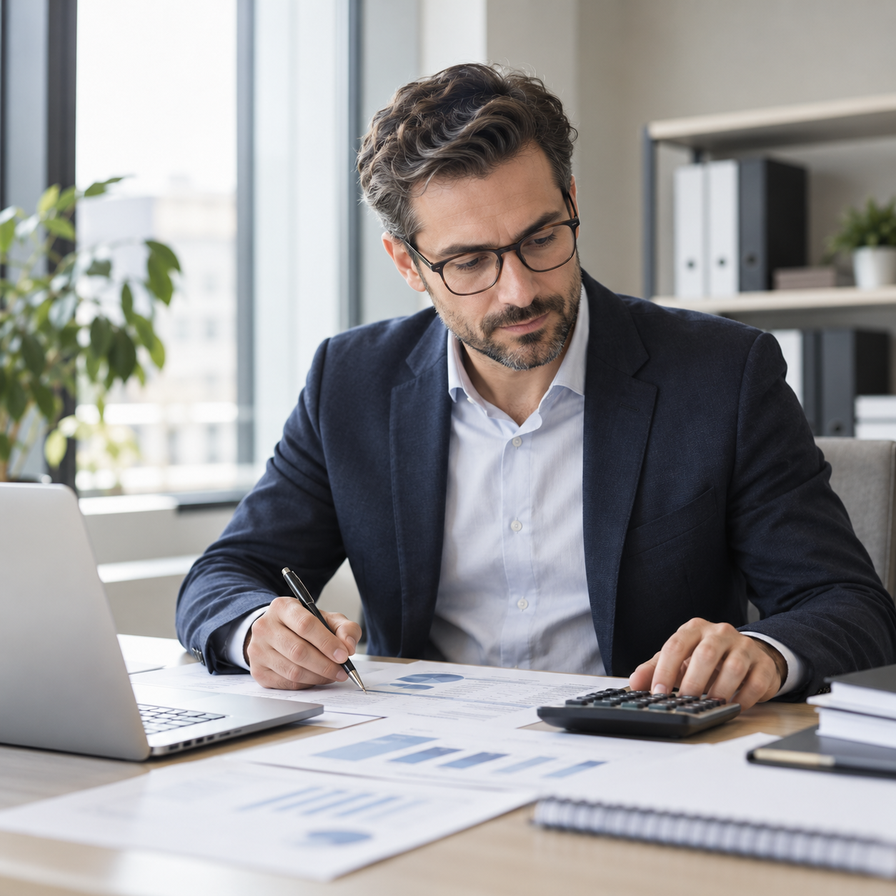 Comptable travaillant sur un tableur avec une calculatrice posée sur le bureau.