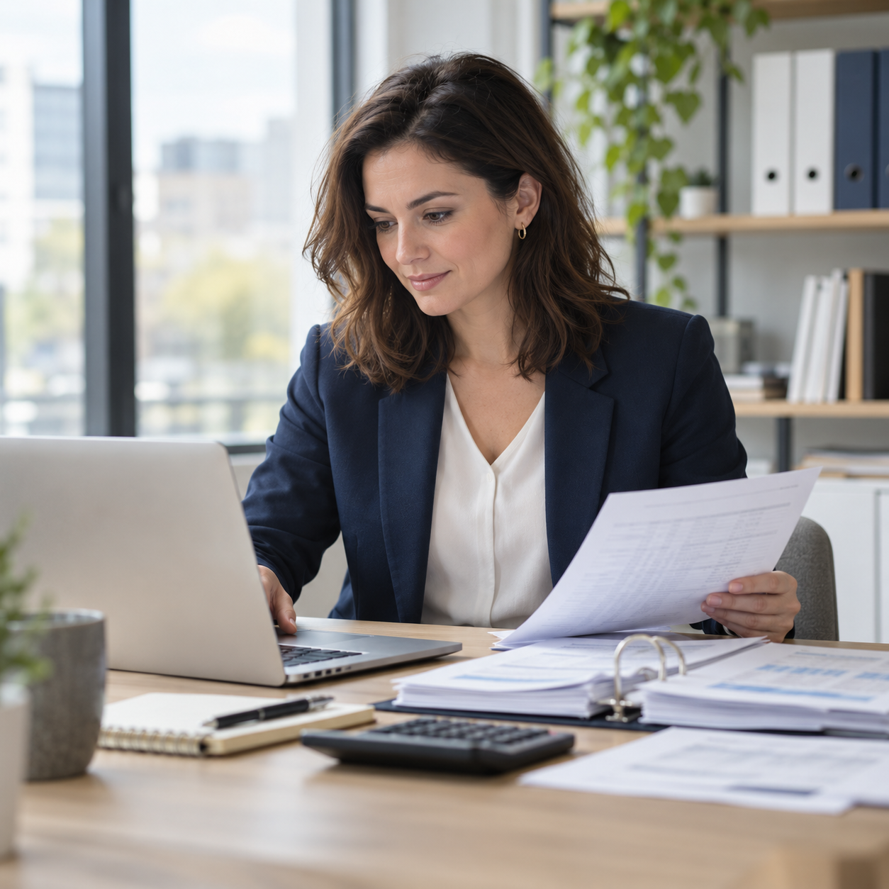 Comptable générale vérifiant des écritures comptables sur son ordinateur.