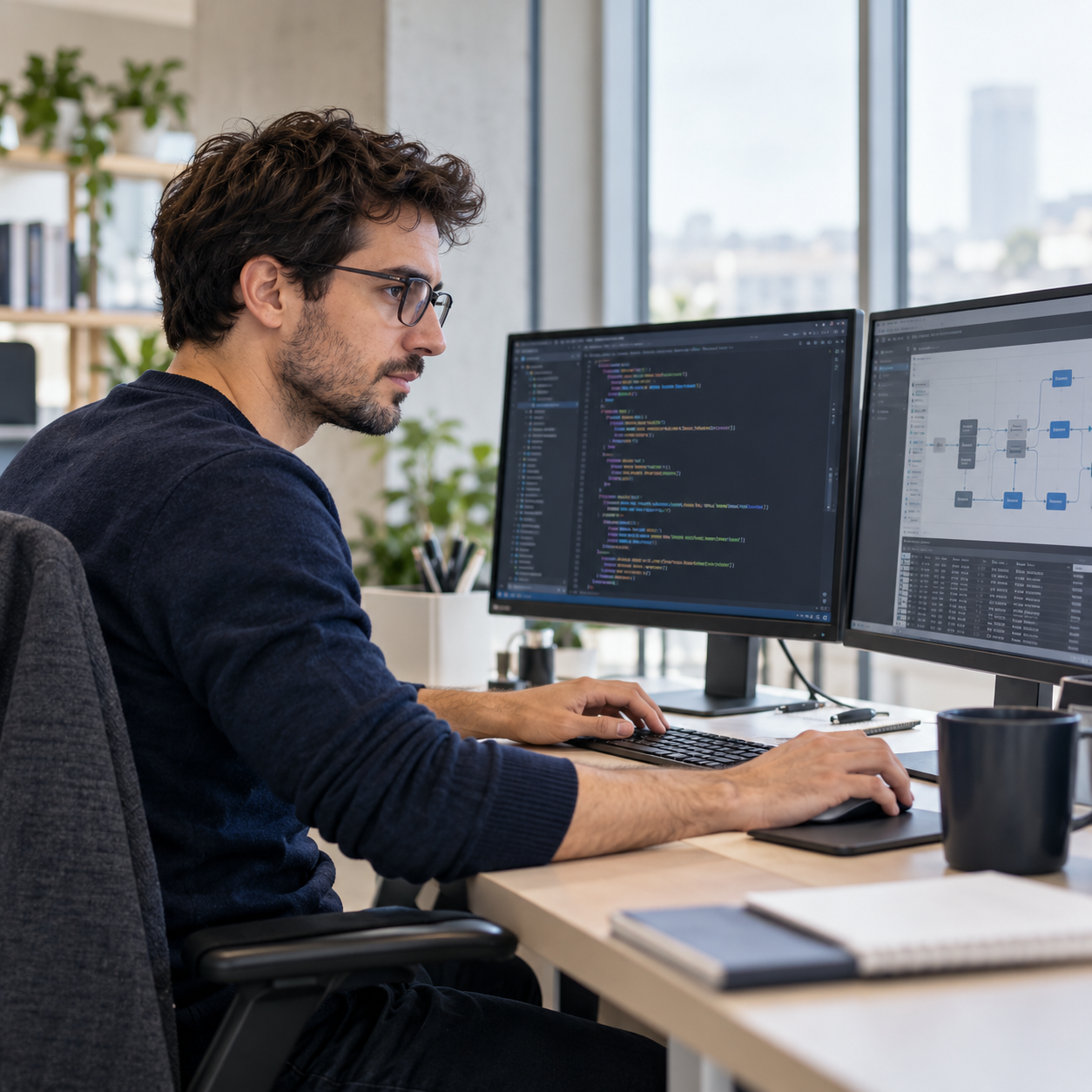 Ingénieur data travaillant sur du code de pipeline de données sur deux écrans.