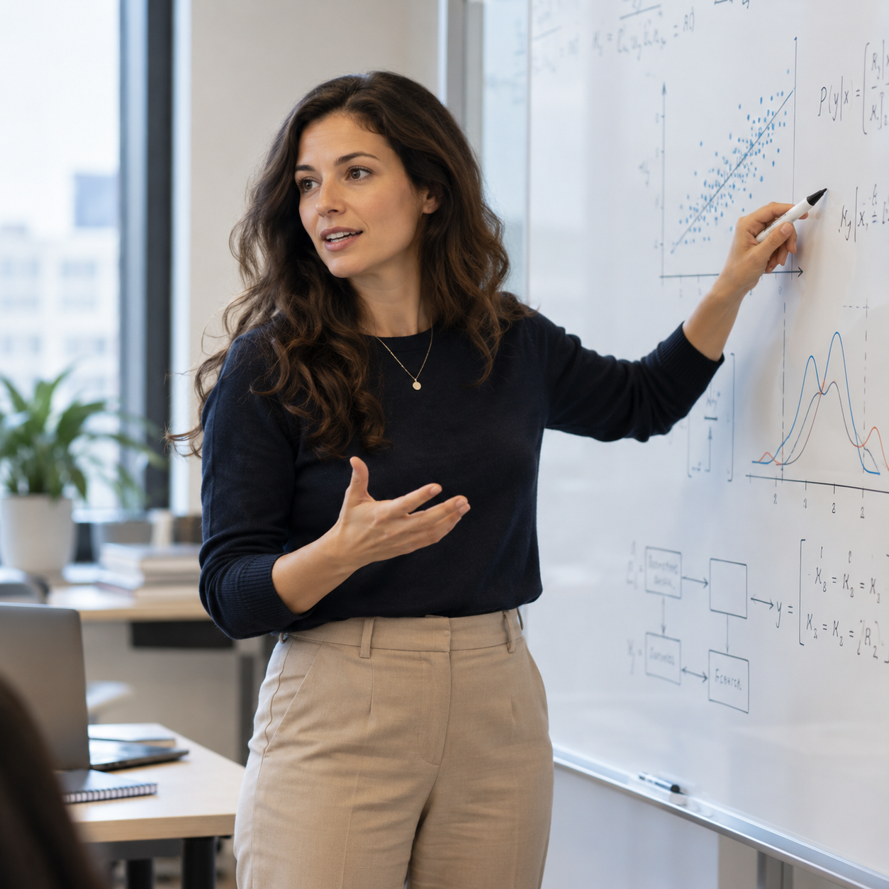 Data scientist présentant des graphiques et équations sur un tableau blanc.