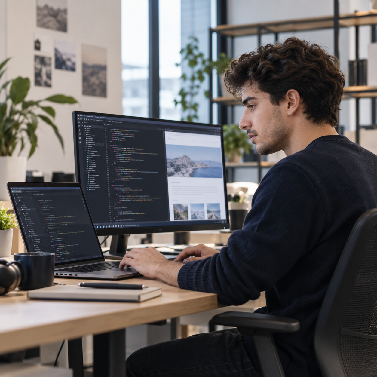 Développeur web travaillant sur du code affiché sur deux écrans.