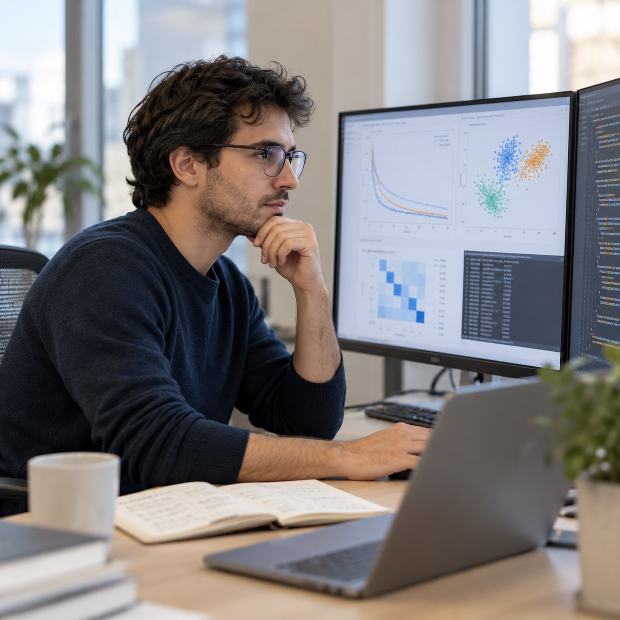 Développeur machine learning examinant des graphiques d’entraînement de modèle sur un écran.