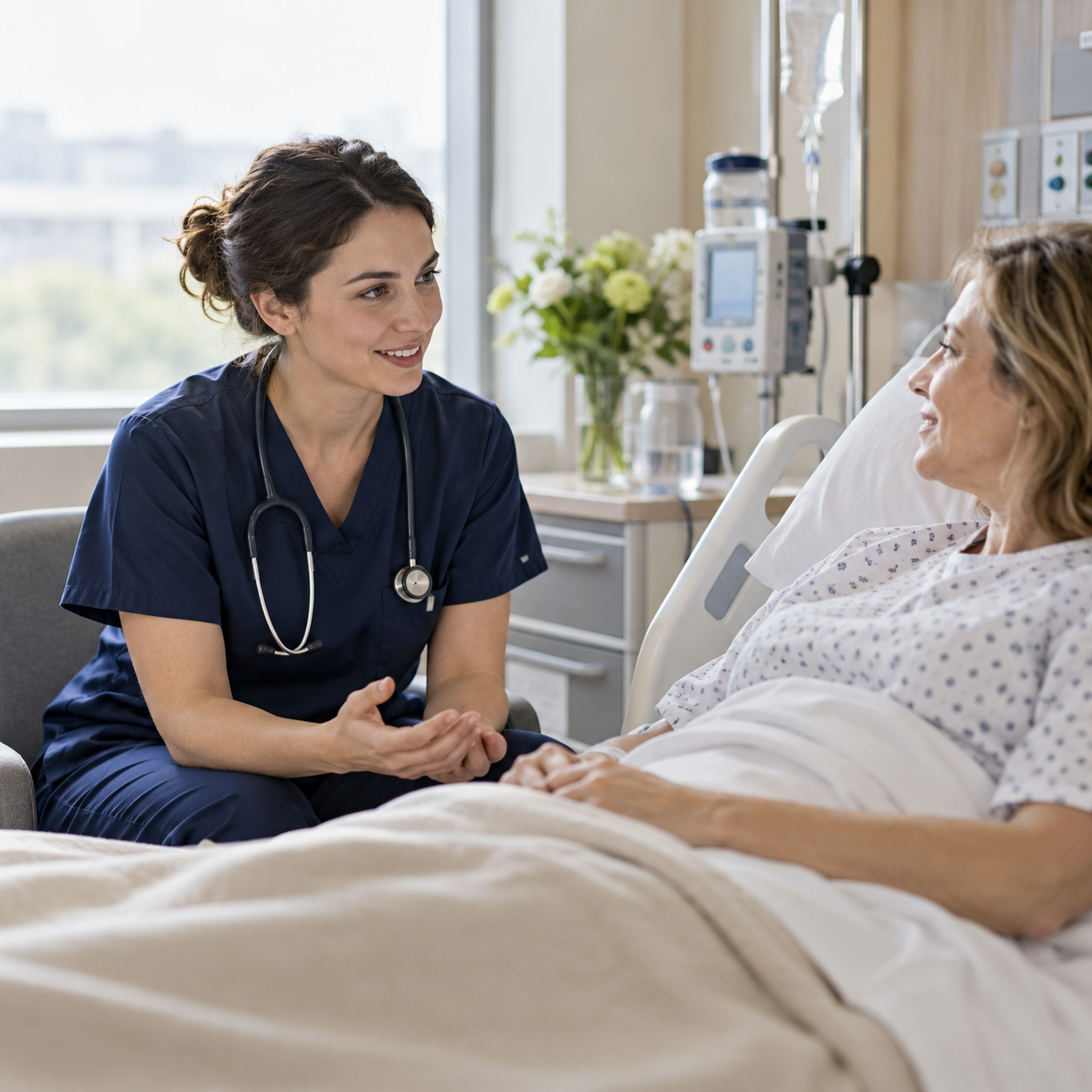 Infirmier en tenue bleu marine échangeant avec un patient dans une chambre lumineuse.