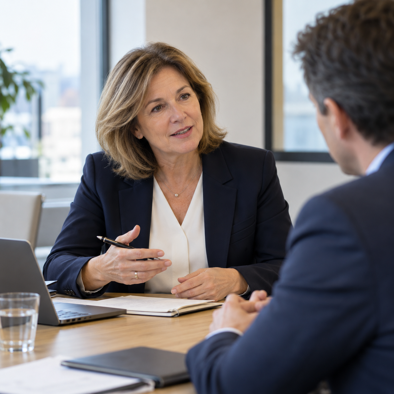 Inspectrice d’audit interne menant un entretien avec un manager en salle de réunion.