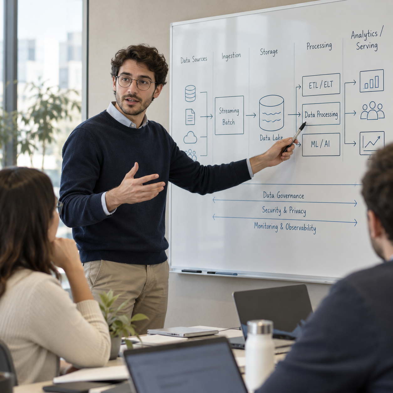 Spécialiste Big Data expliquant une architecture de données sur un tableau blanc.