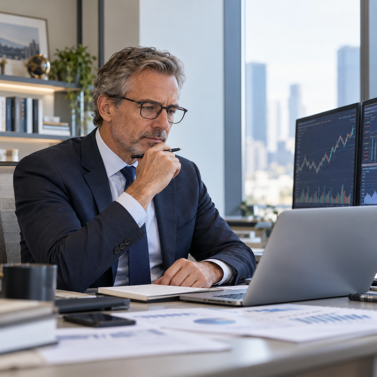 Portfolio manager en costume analysant des graphiques de marché dans un bureau contemporain.