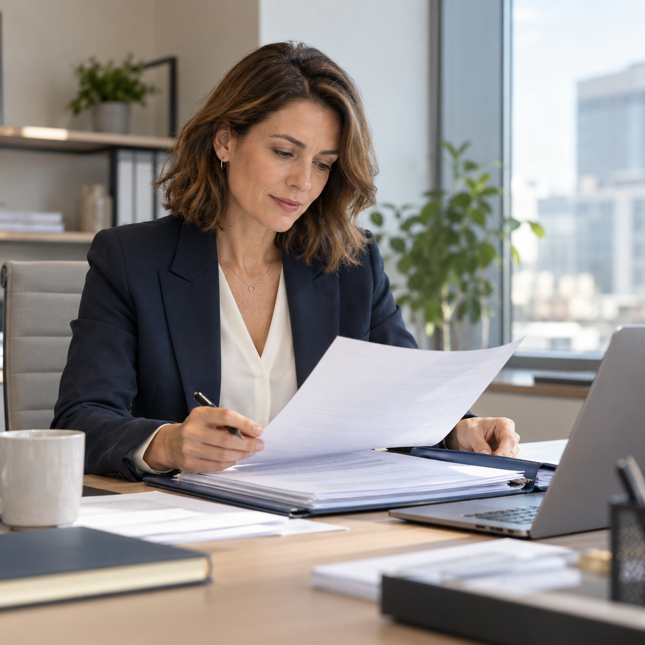 Souscriptrice examinant un dossier de contrat d’assurance dans un bureau contemporain.