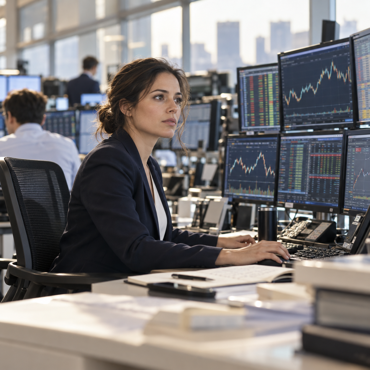 Trader analysant les marchés sur plusieurs écrans dans une salle de marché.
