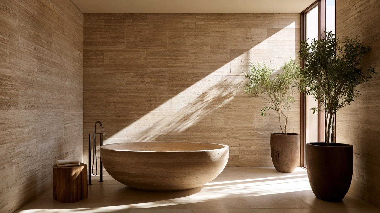 Minimalist bathroom with round stone bathtub, wooden stool, and large potted plants by tall window.