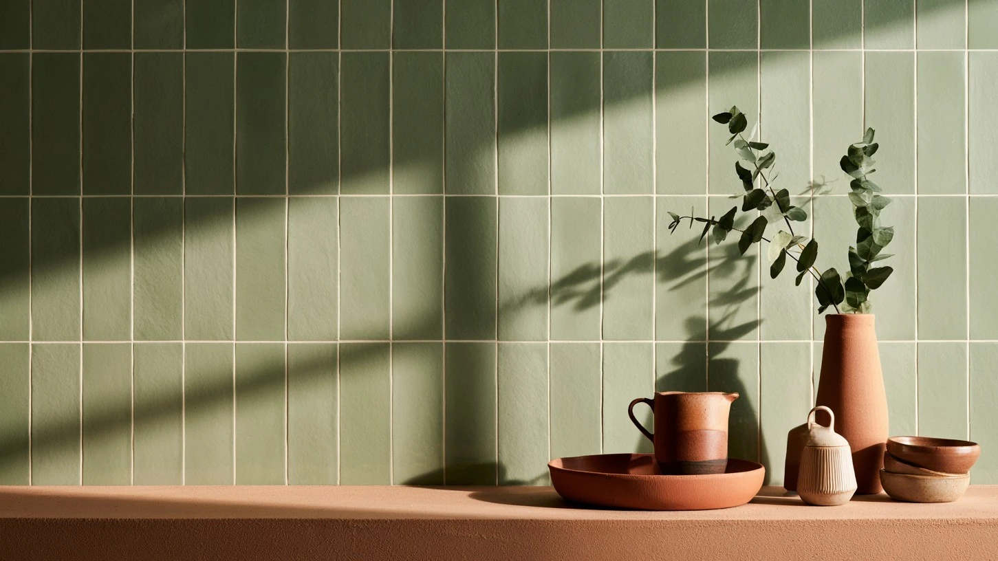 Terracotta pottery with green leafy branches on a ledge against a sage green tiled wall.