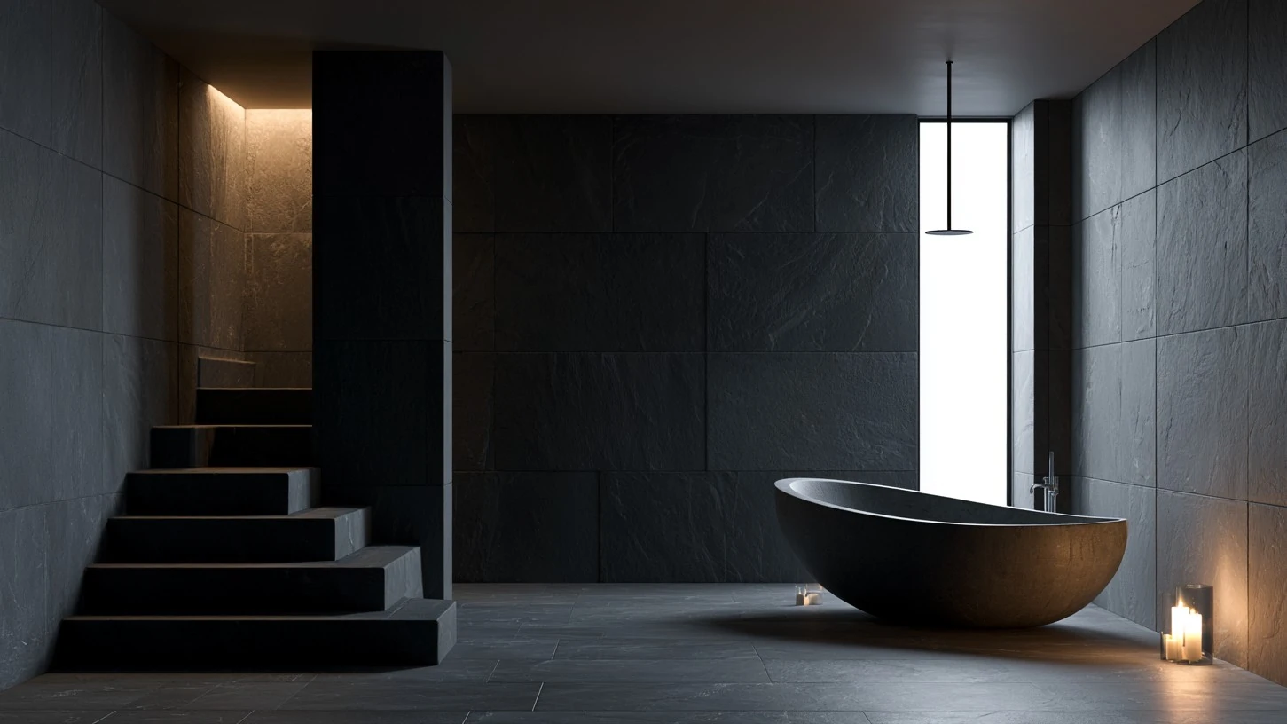Modern bathroom with dark stone tiles, freestanding tub, lit candles, and stairs lit by soft warm light.