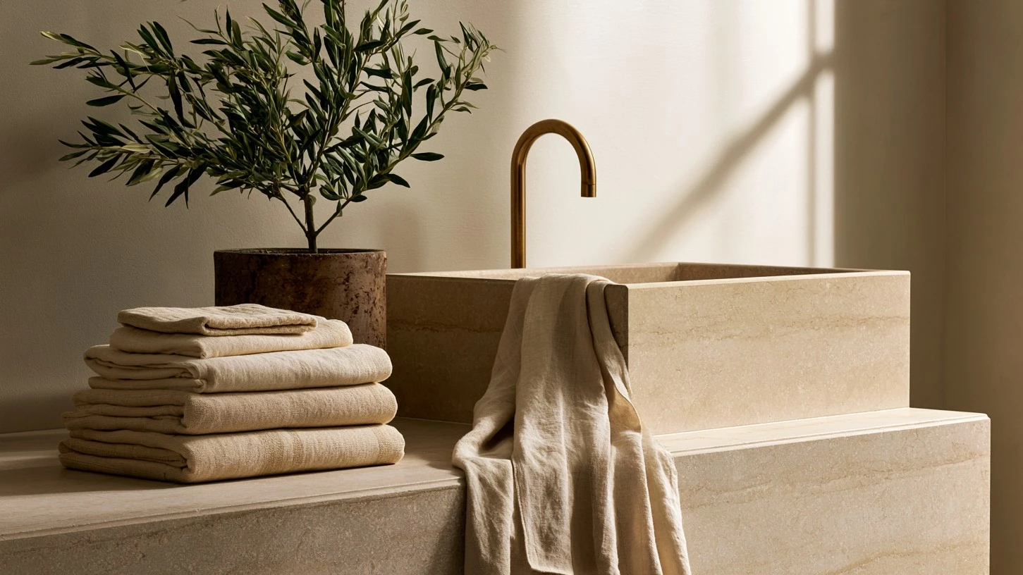 Beige stone sink with brass faucet, beige towels stacked and hanging, and potted olive tree on counter.