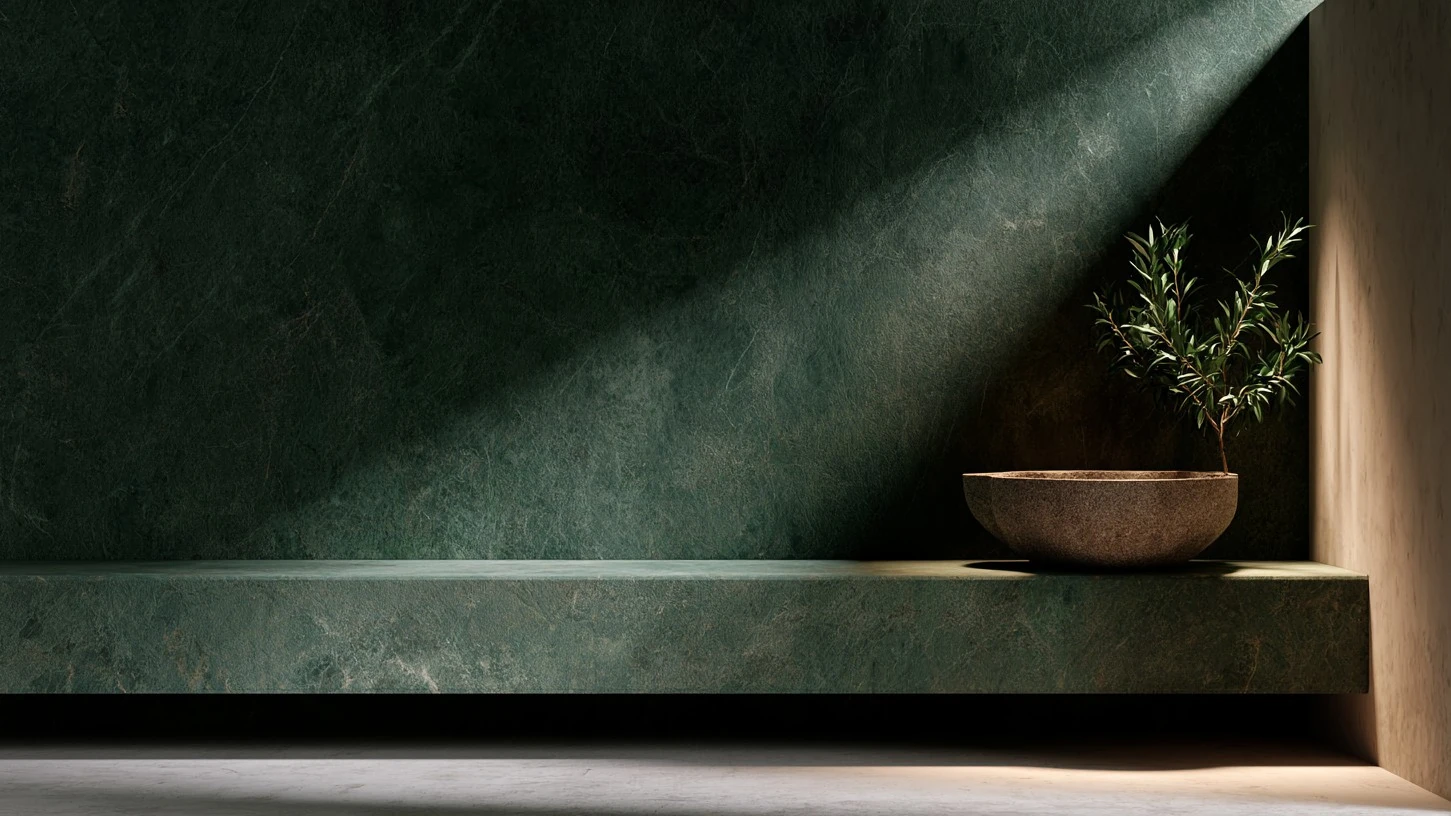 Minimalist green stone shelf with bowl planter holding a small leafy plant under angled light.