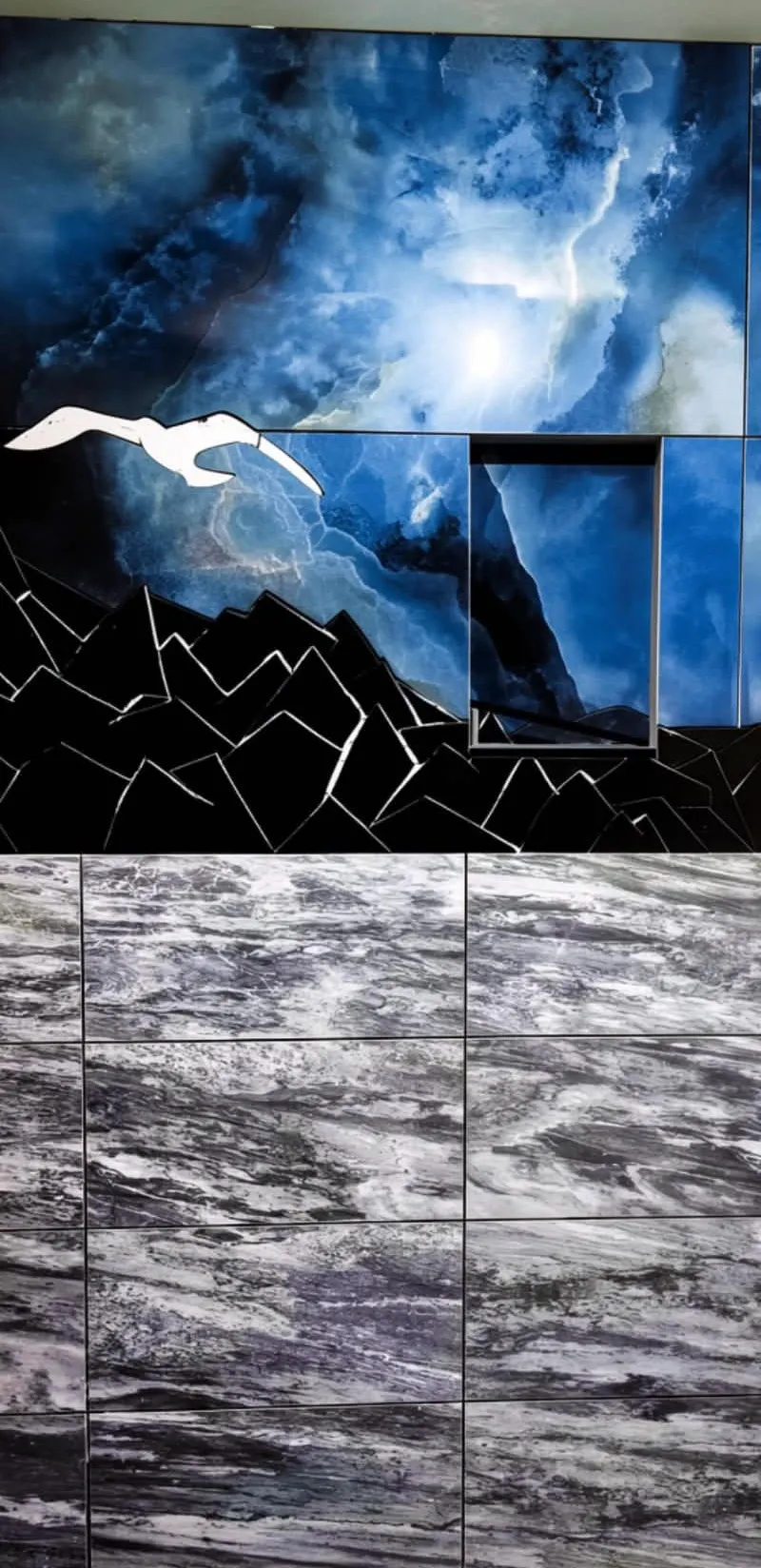 Custom tile mural feature wall, cut and set by hand, installed by Euphoric Tile & Design in coastal Maine