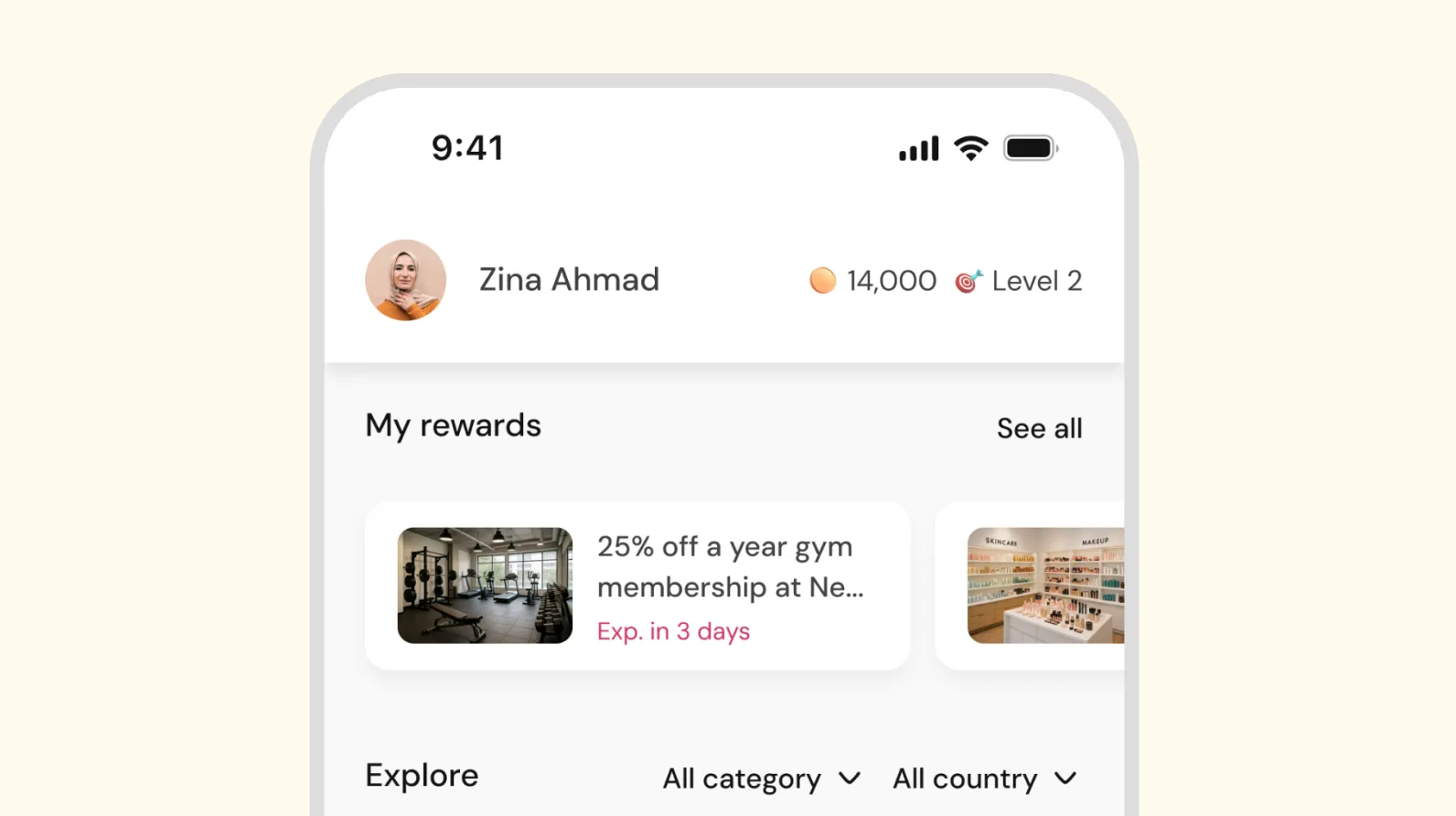 Mobile interface showing user Zina Ahmad with 14,000 points and Level 2, displaying reward offers.