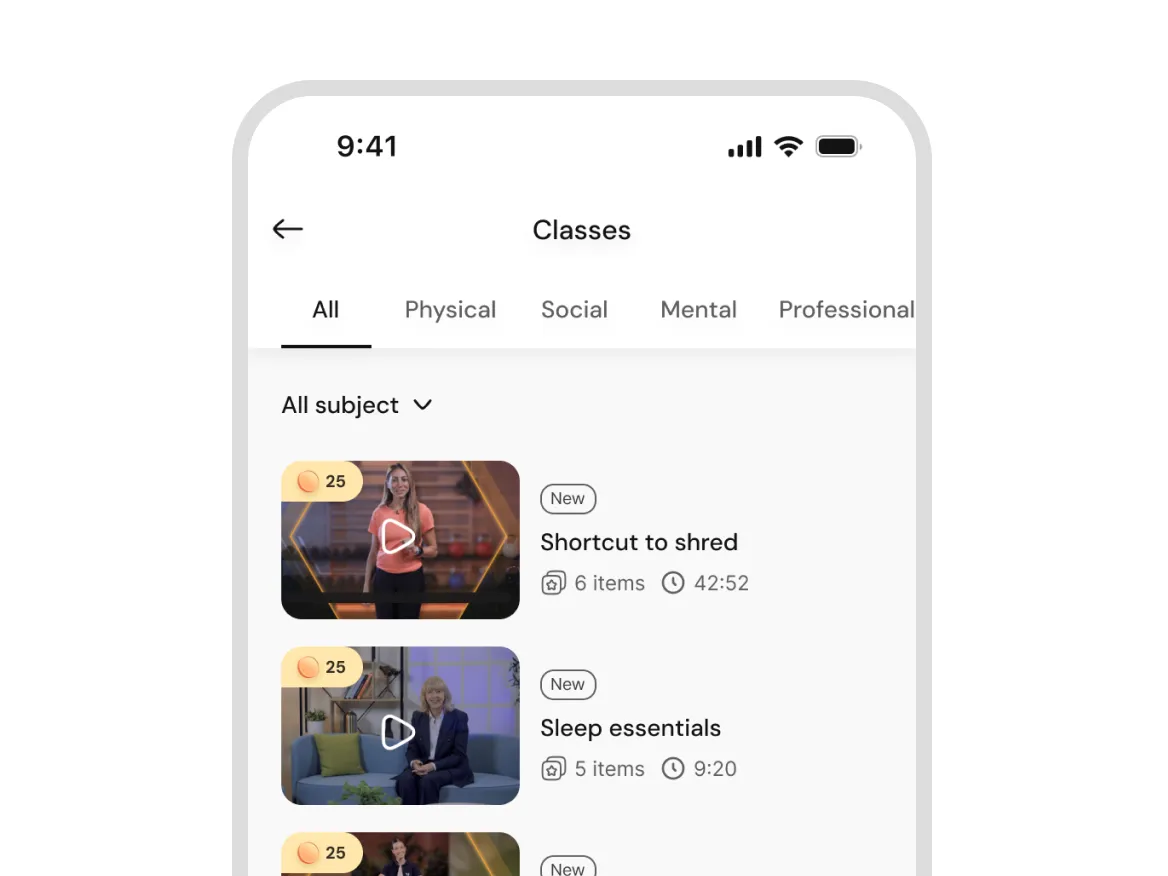 Mobile app screen showing fitness and health video classes with titles, durations, and item counts.