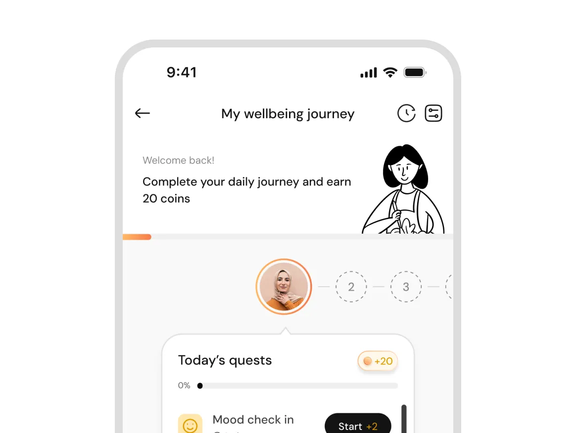 Mobile screen showing a wellbeing app with daily quests to earn coins and track progress.