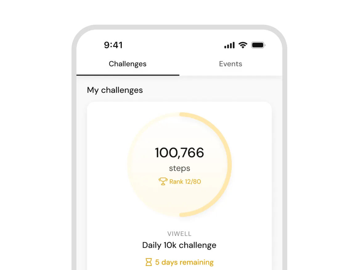 Mobile app screen showing 100,766 steps in a daily 10k challenge ranked 12th out of 80, 5 days left.