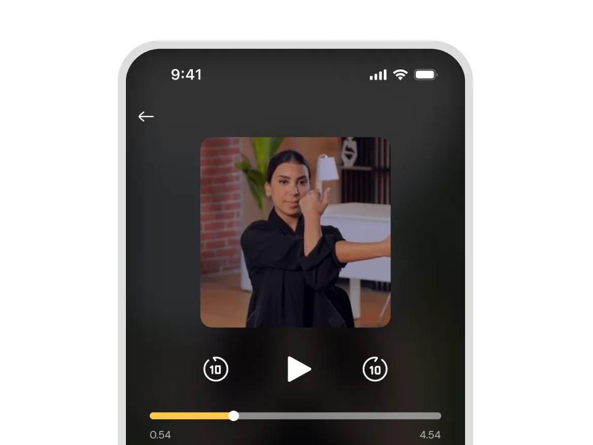 Video player interface showing a woman stretching her arm across her chest indoors.