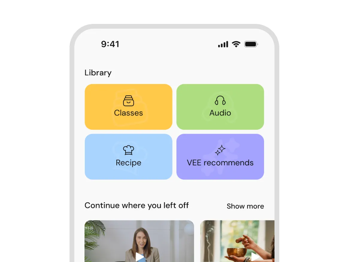 Mobile app screen showing Library with buttons for Classes, Audio, Recipe, and VEE recommends.