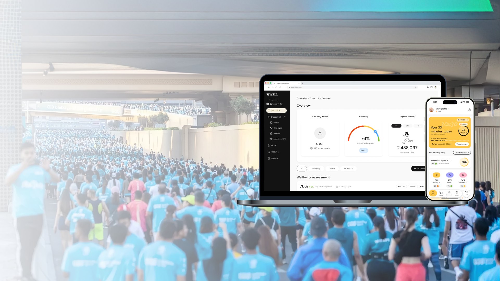 VIWELL organisation dashboard on a laptop and the VIWELL app mood check-in on a phone