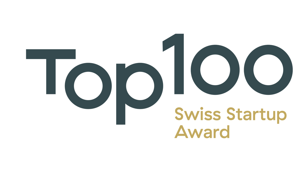 Logo with text 'Top 100 Swiss Startup Award' featuring 'Top' and '100' in dark gray and 'Swiss Startup Award' in gold.