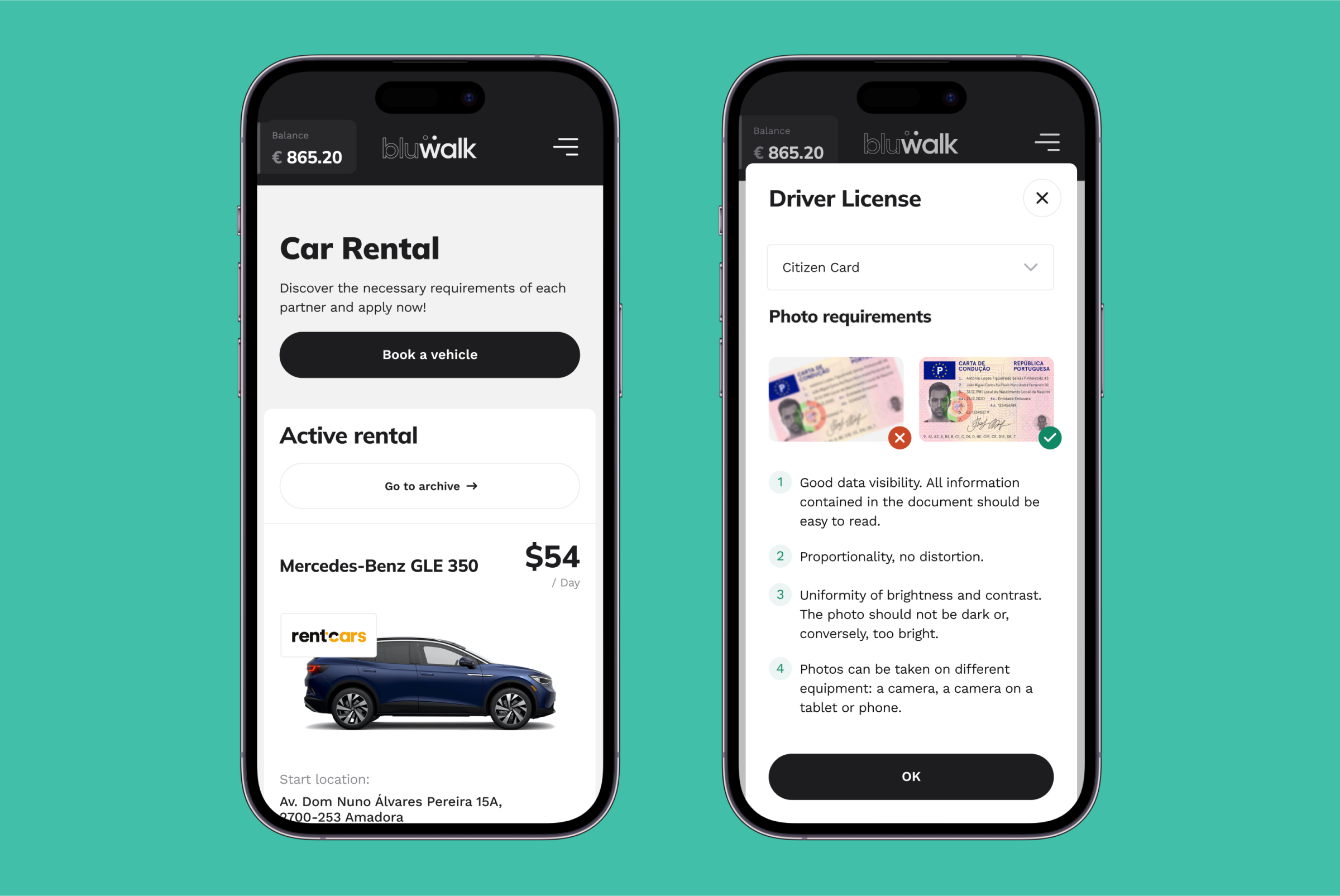 Two mobile device screens displaying distinct features of the redesigned Bluwalk app
