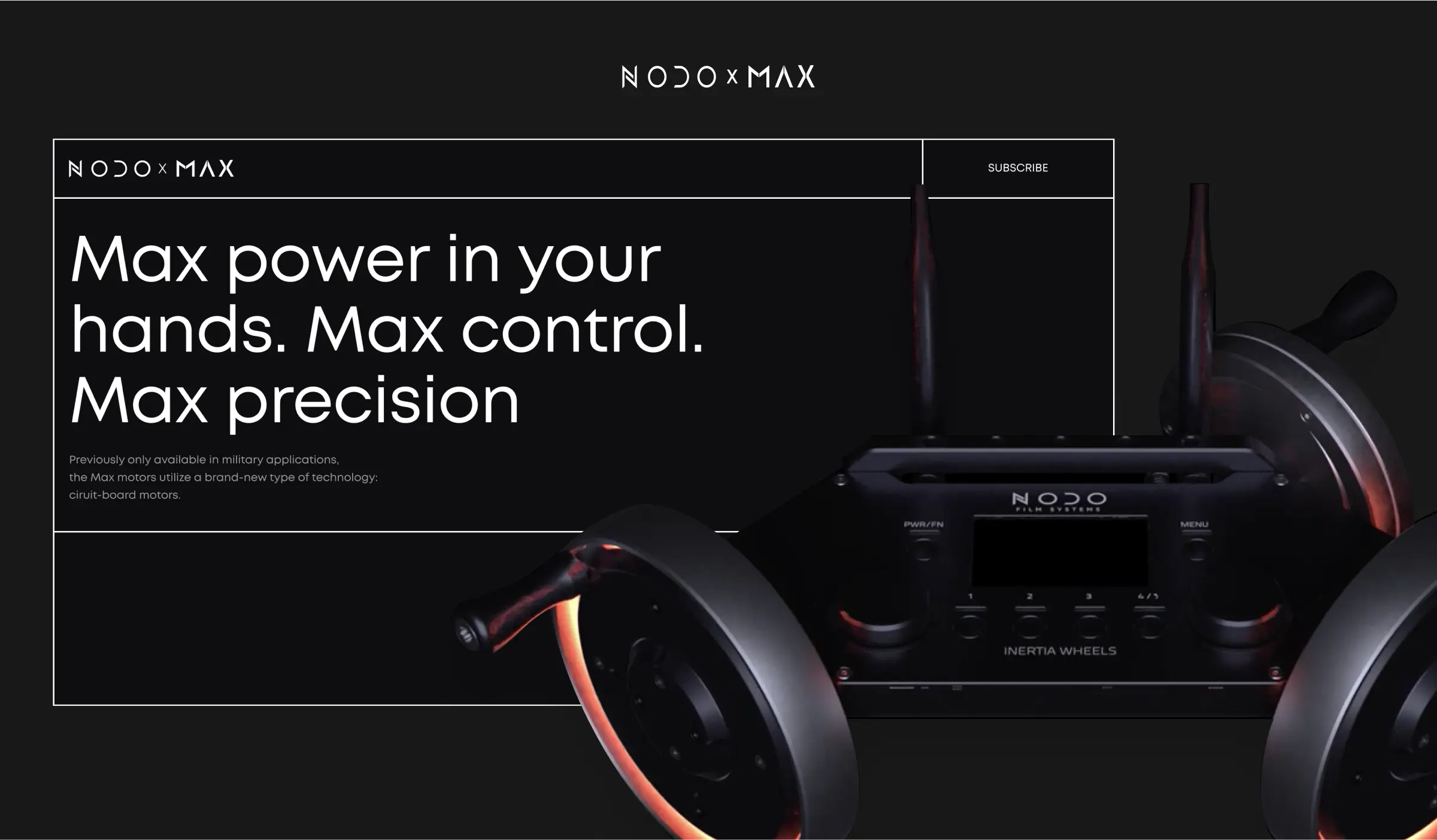 : An image showing the Inertia Wheels Max website screenshot, along with a 3D model of their cinematographic equipment