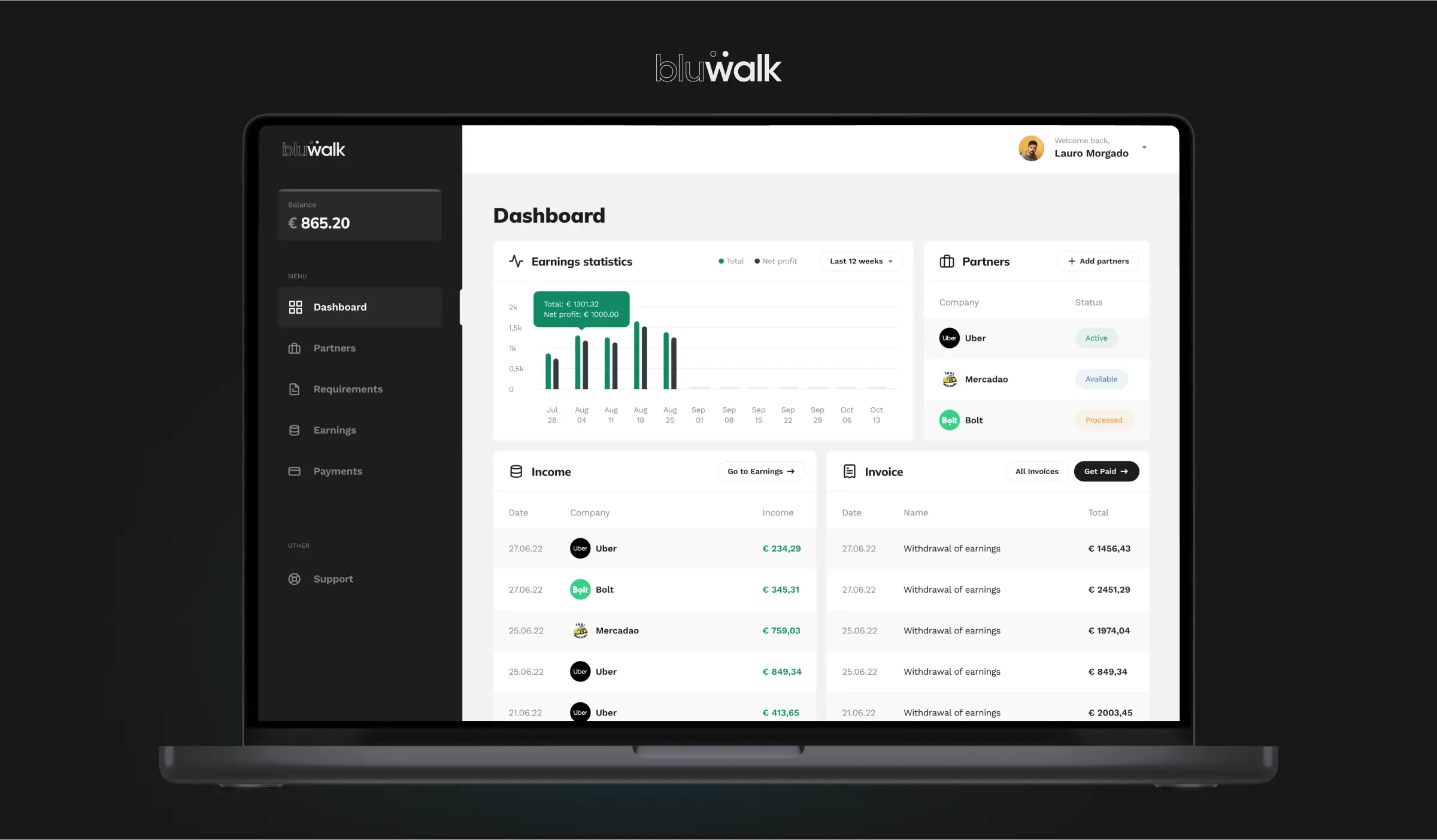 Laptop screen displaying the interface of the Bluwalk app