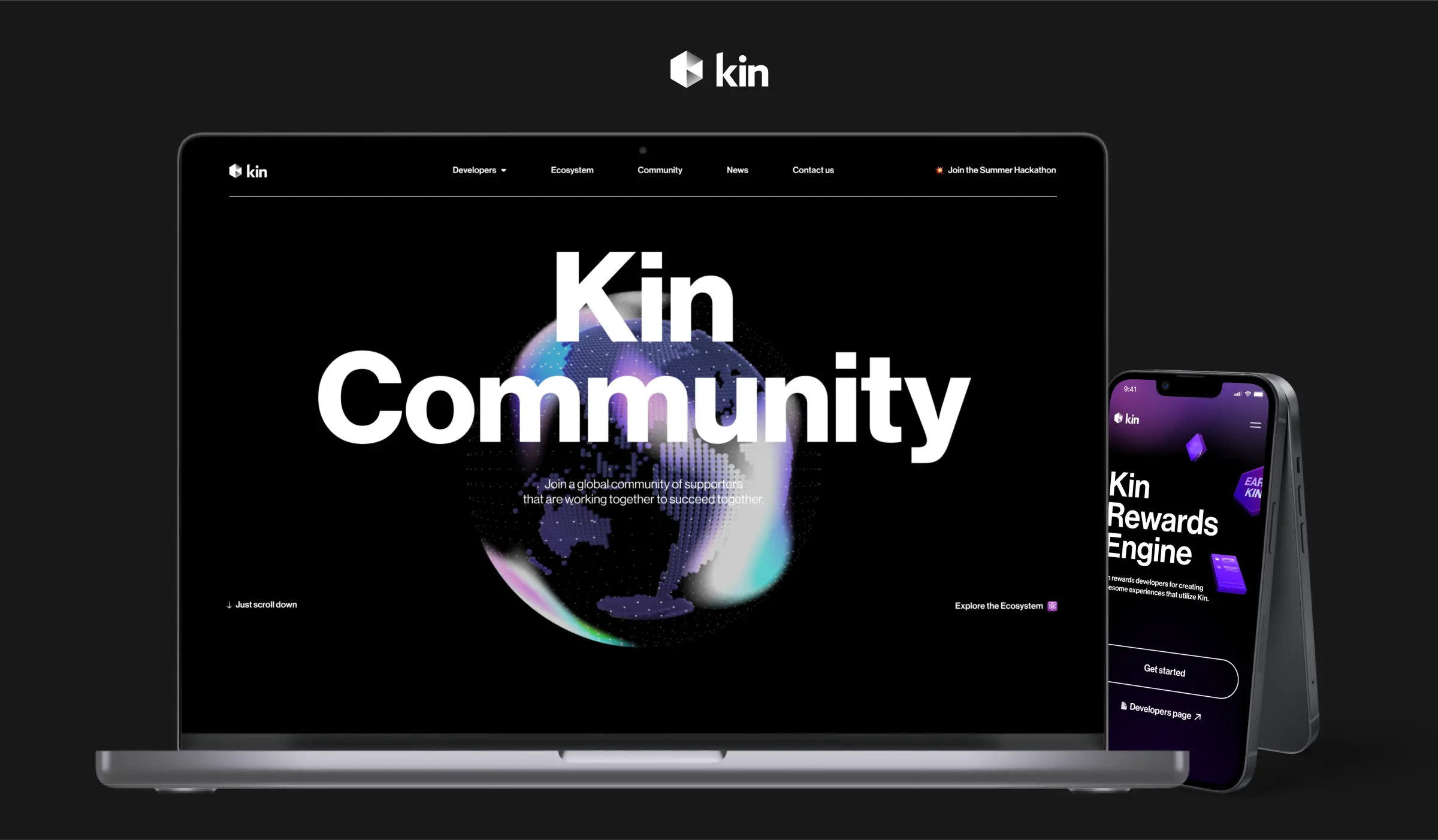 Screens displaying the Kin Foundation Web3 design on a laptop and mobile devices