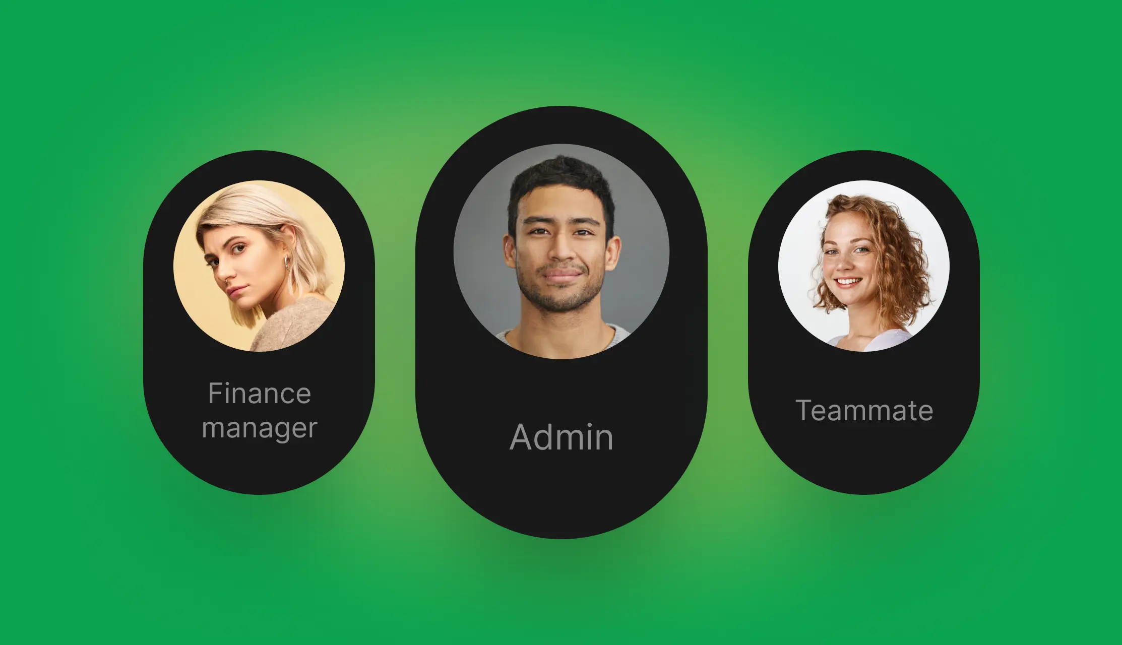 Three user personas: an admin a team member, and a finance manager, illustrating different roles within the Web3 platform