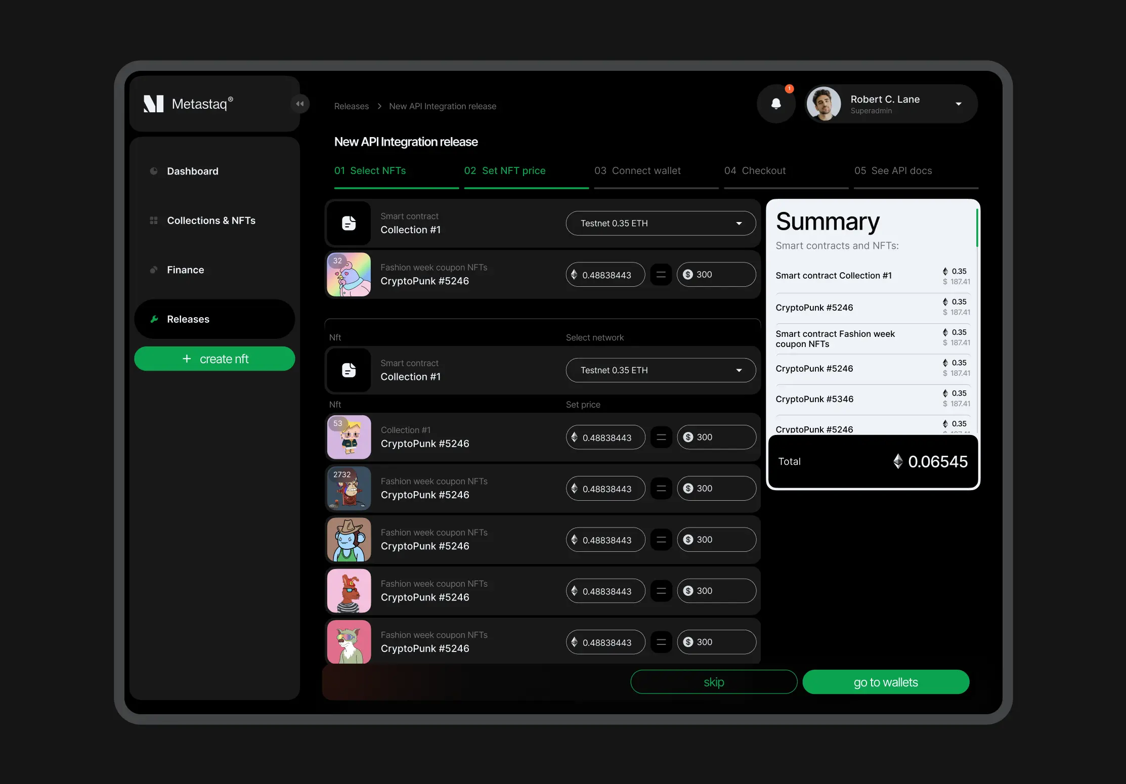 Product dashboard screenshot displaying the paying process for smart contract and NFT