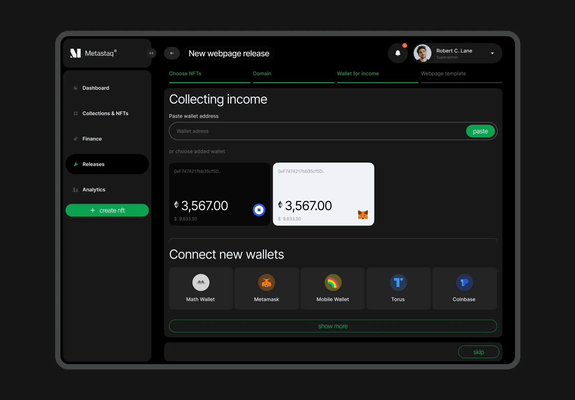 Product dashboard screenshot displaying the minting process and cryptocurrency wallets
