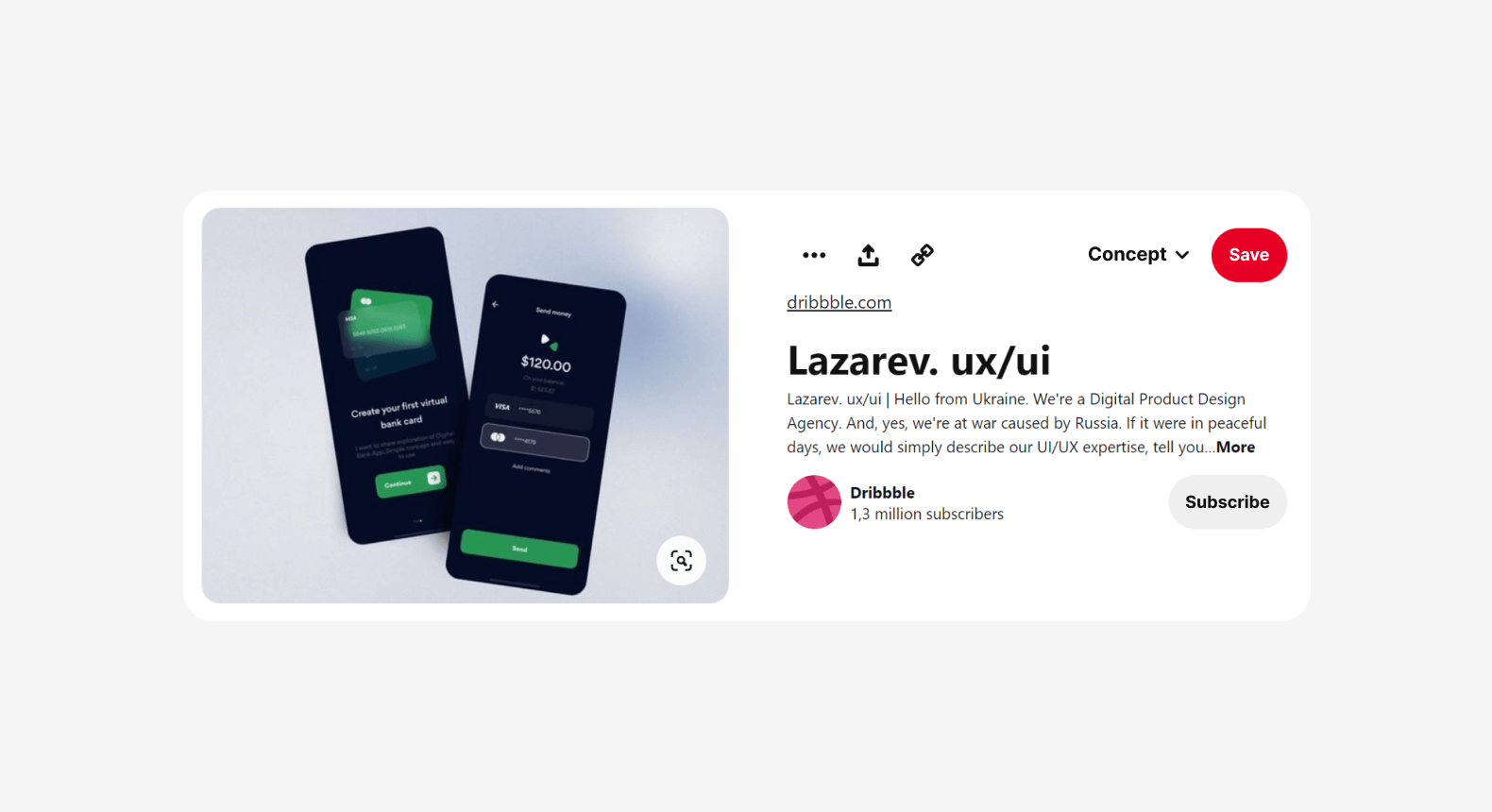 A widget displaying a Dribbble shot preview with description, title, and action buttons for Save and Subscribe