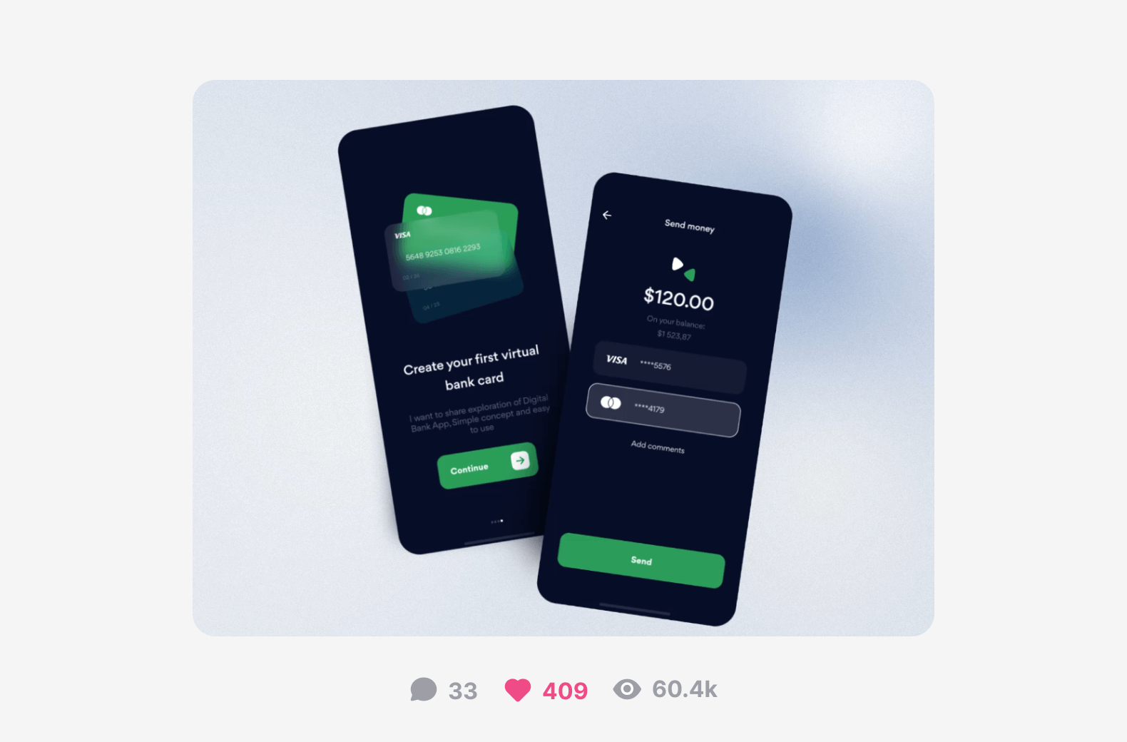 Two mobile screens displaying the UI and UX design of a banking app