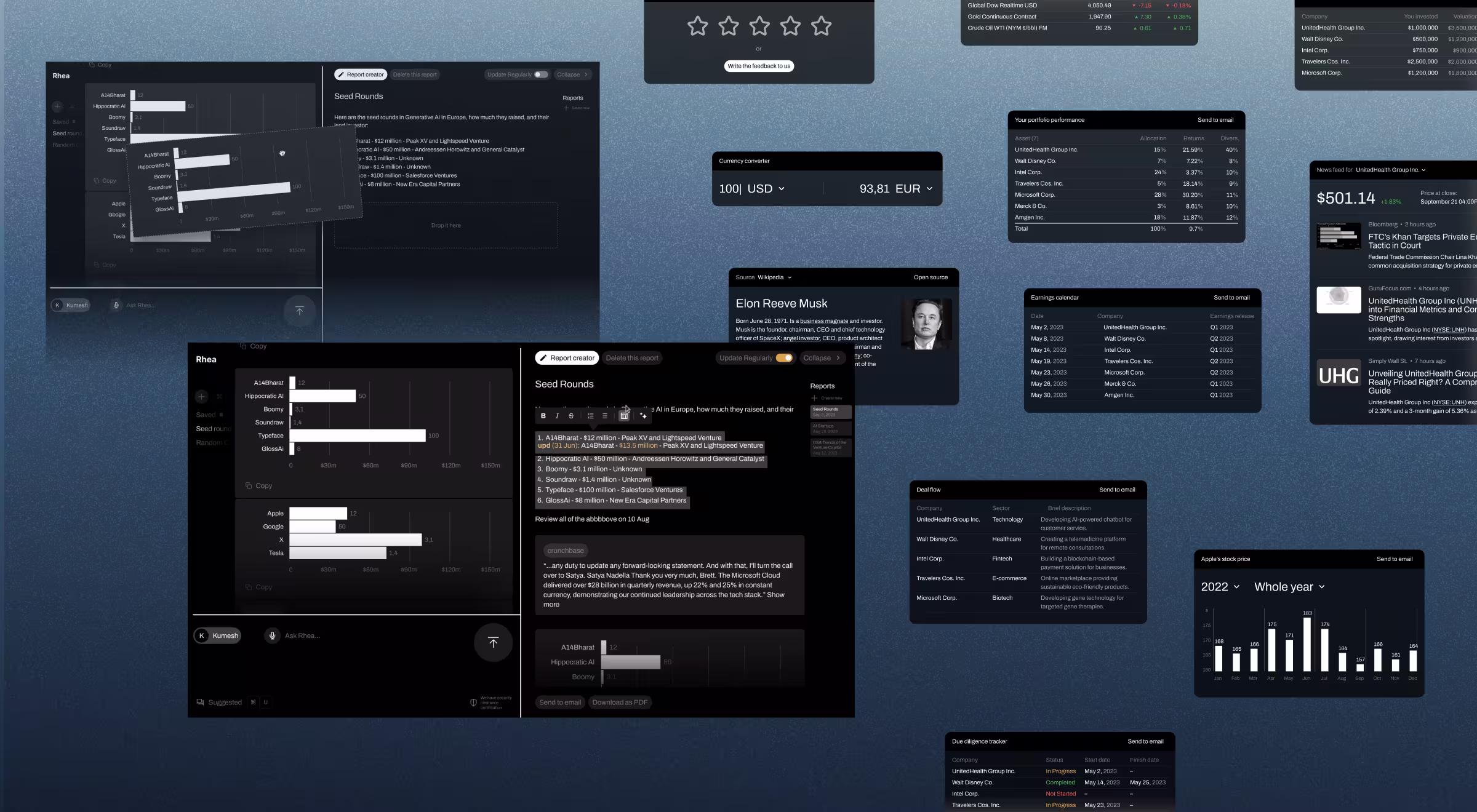 Financial dashboard mockup showing multiple dark-themed interface screens, including bar charts of AI seed rounds, portfolio performance tables, stock prices, earnings calendars, and company data insights. Designed with a sleek modern UI for investment and business intelligence tracking