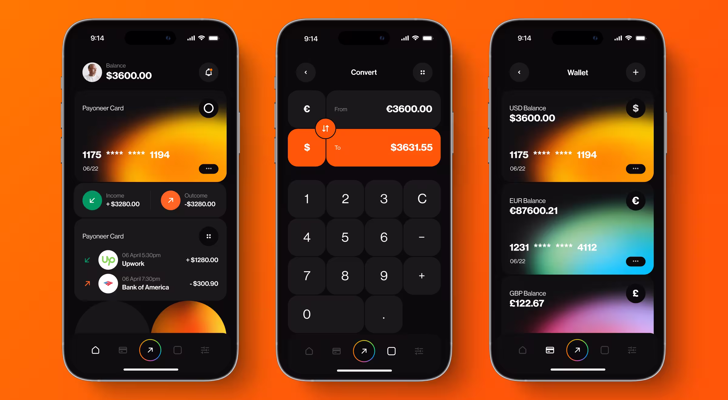 Mobile banking app interface displayed on three smartphones. The left screen shows account balance ($3600), Payoneer card details, income and outcome summaries, and recent transactions with Upwork and Bank of America. The middle screen displays a currency conversion calculator converting €3600 to $3631.55. The right screen shows a digital wallet with balances in USD ($3600), EUR (€87600.21), and GBP (£122.67), each linked to a digital card with colorful gradient designs
