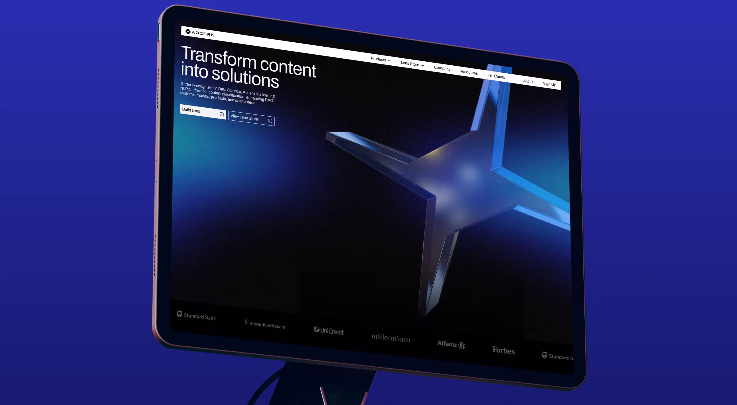 Accern AI platform website interface on tablet screen with tagline "Transform content into solutions" showcasing NLP and RAG technology for enterprises
