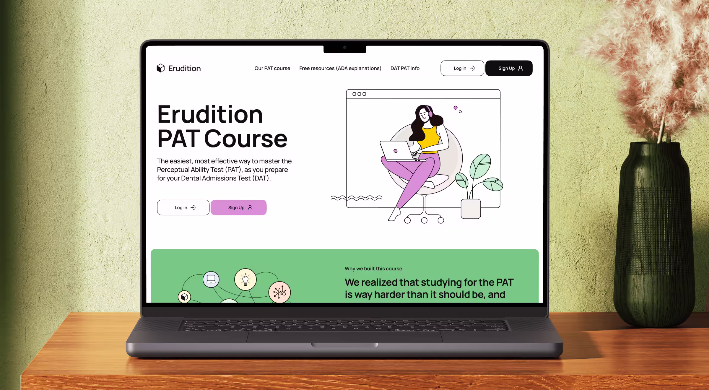 A laptop on a wooden table displaying the homepage of the Erudition PAT Course website. The screen features a clean, minimalist design with a large heading: 'Erudition PAT Course.' Subtext describes it as an effective way to prepare for the Perceptual Ability Test (PAT) for the Dental Admissions Test (DAT). Buttons labeled 'Log in' and 'Sign Up' are prominently displayed. On the right side, there is an illustration of a woman sitting in a chair using a laptop, with a plant nearby. The background is white with soft green and lavender accents, and the setting includes a textured green wall and a dark green vase with pampas grass.