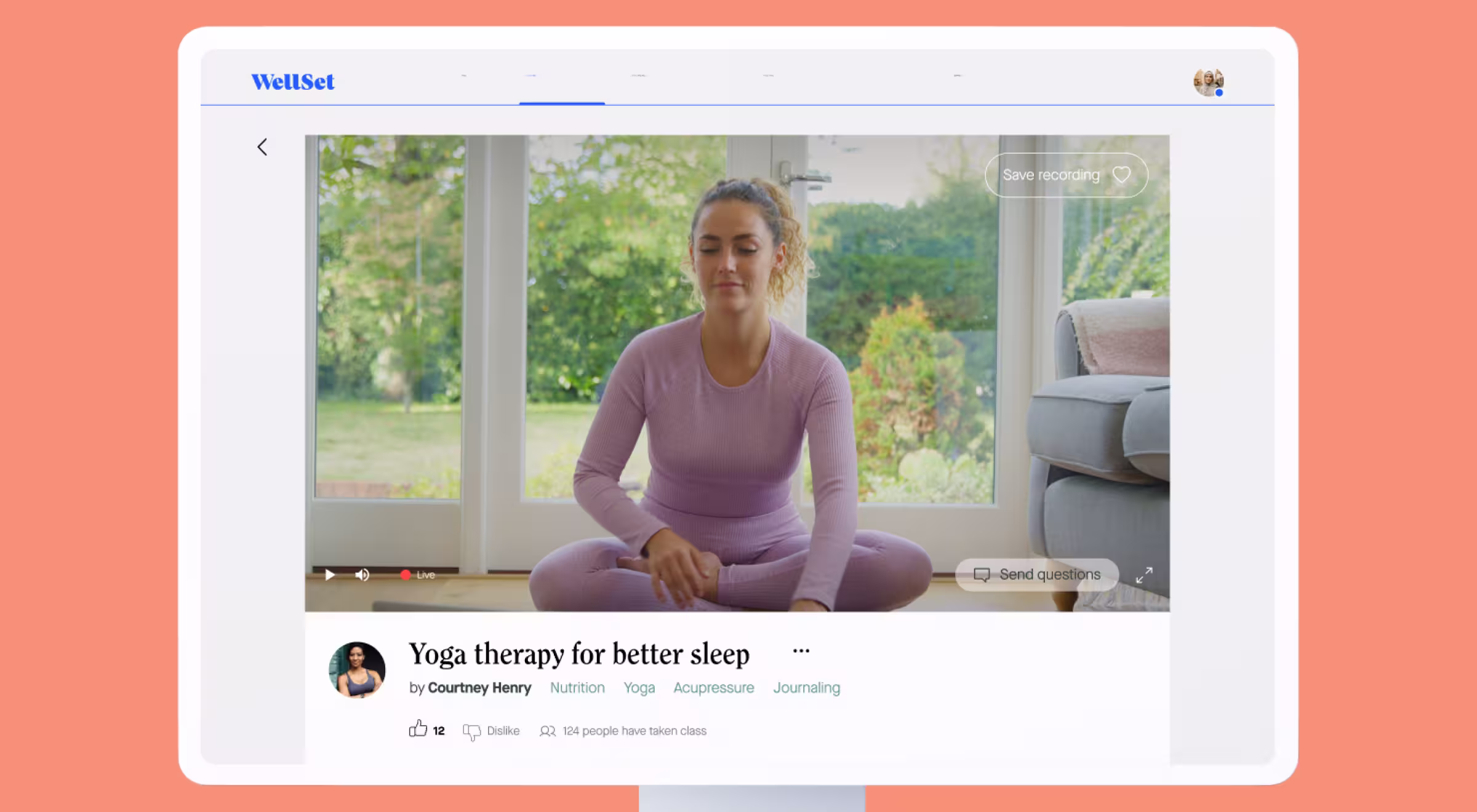 WellSet online yoga therapy class for better sleep, showing instructor-led wellness session with focus on mindfulness, acupressure, and relaxation techniques