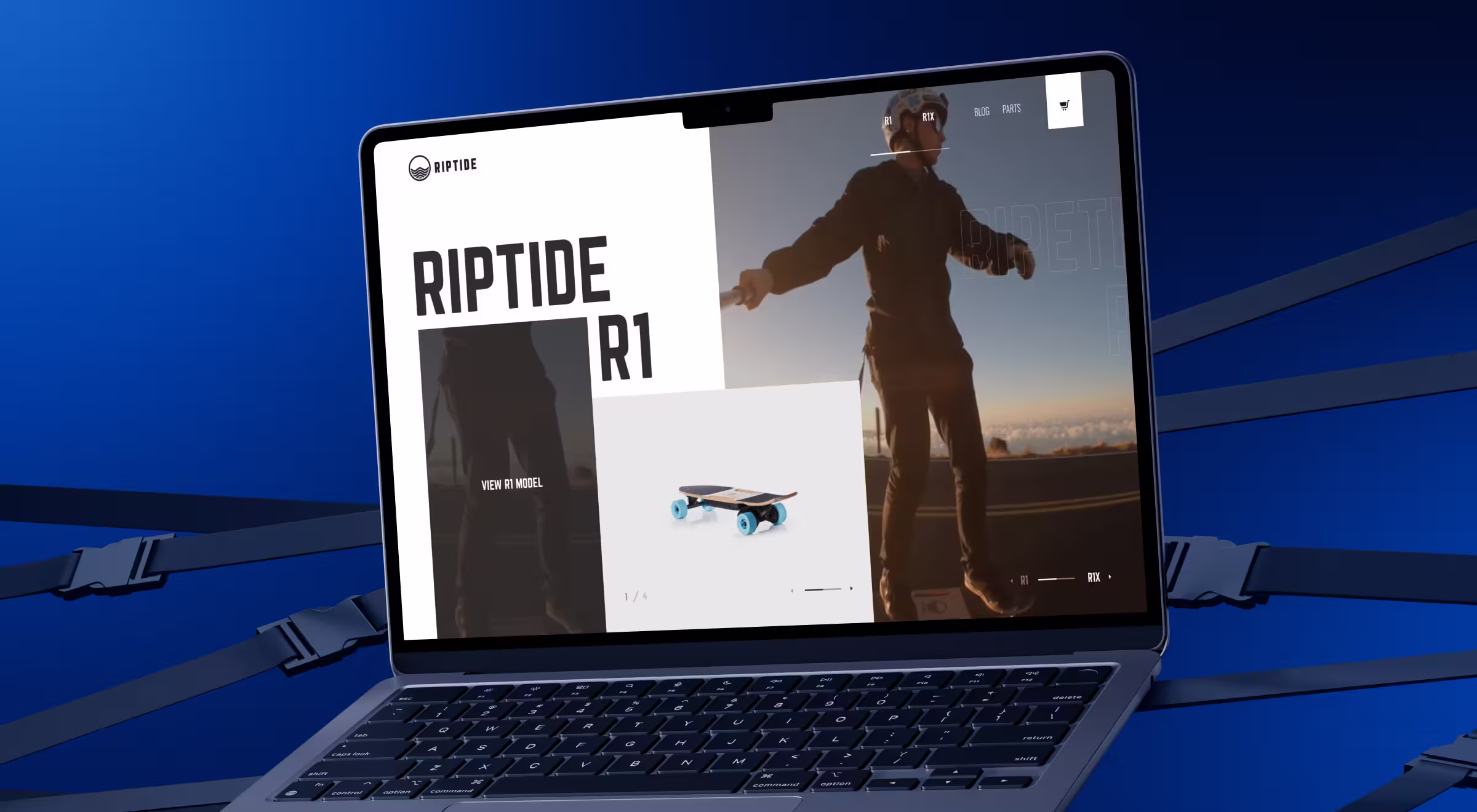 Riptide R1 electric skateboard website displayed on laptop screen with product visuals and lifestyle video background