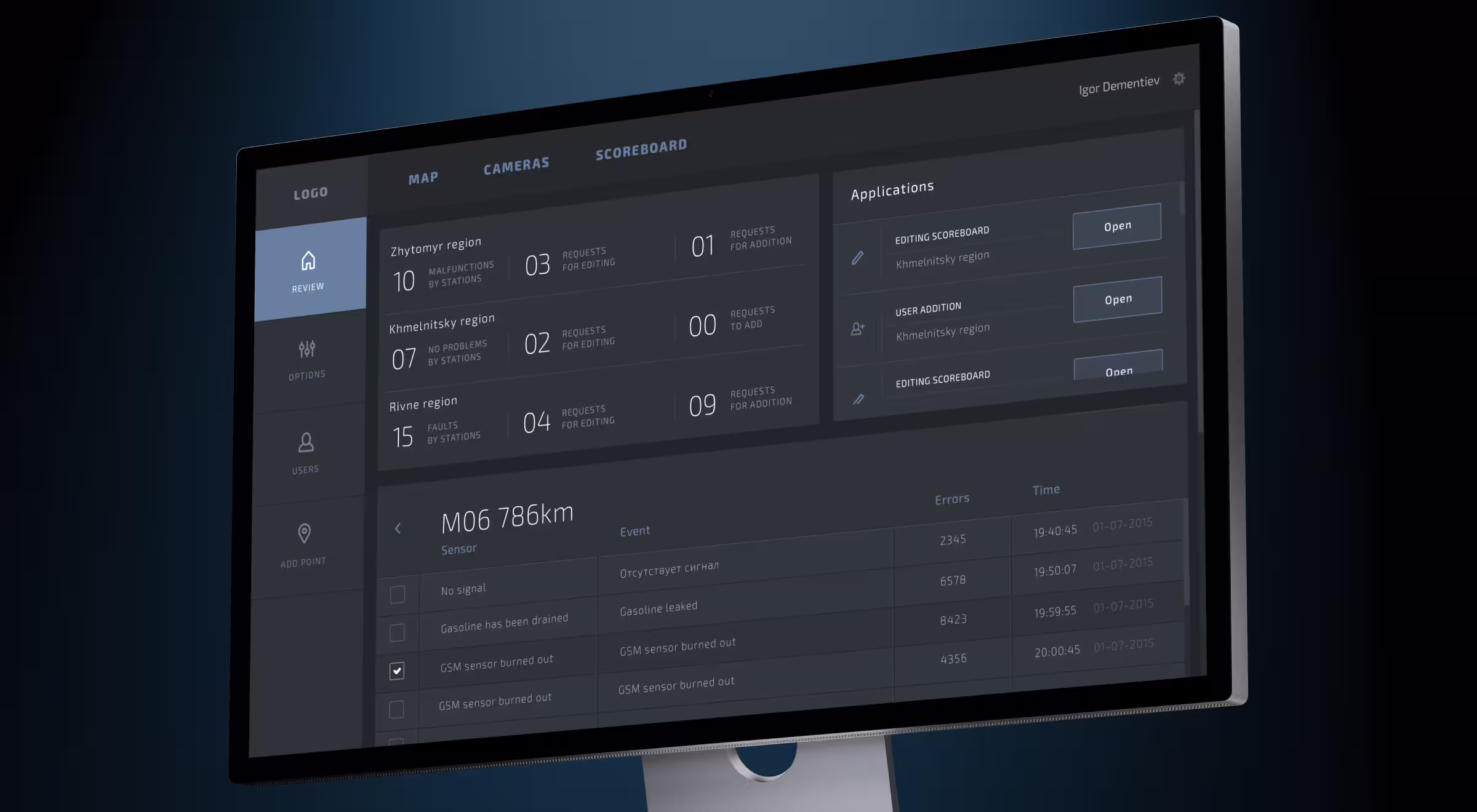 A dark-themed desktop dashboard interface is displayed on a widescreen monitor, showing a logistics or infrastructure monitoring system. The sidebar on the left includes navigation items such as Review, Options, Users, and Add Point. The main screen shows data for three regions—Zhytomyr, Khmelnitsky, and Rivne—with metrics like malfunctions, faults, and requests for editing or additions. On the right, an “Applications” section lists pending actions with clickable “Open” buttons. The bottom panel presents a detailed event log for a specific location (M06 786km), showing sensor errors such as “No signal,” “Gasoline leaked,” and “GSM sensor burned out,” along with corresponding error codes, timestamps, and dates. The design is clean, minimal, and optimized for system operators.