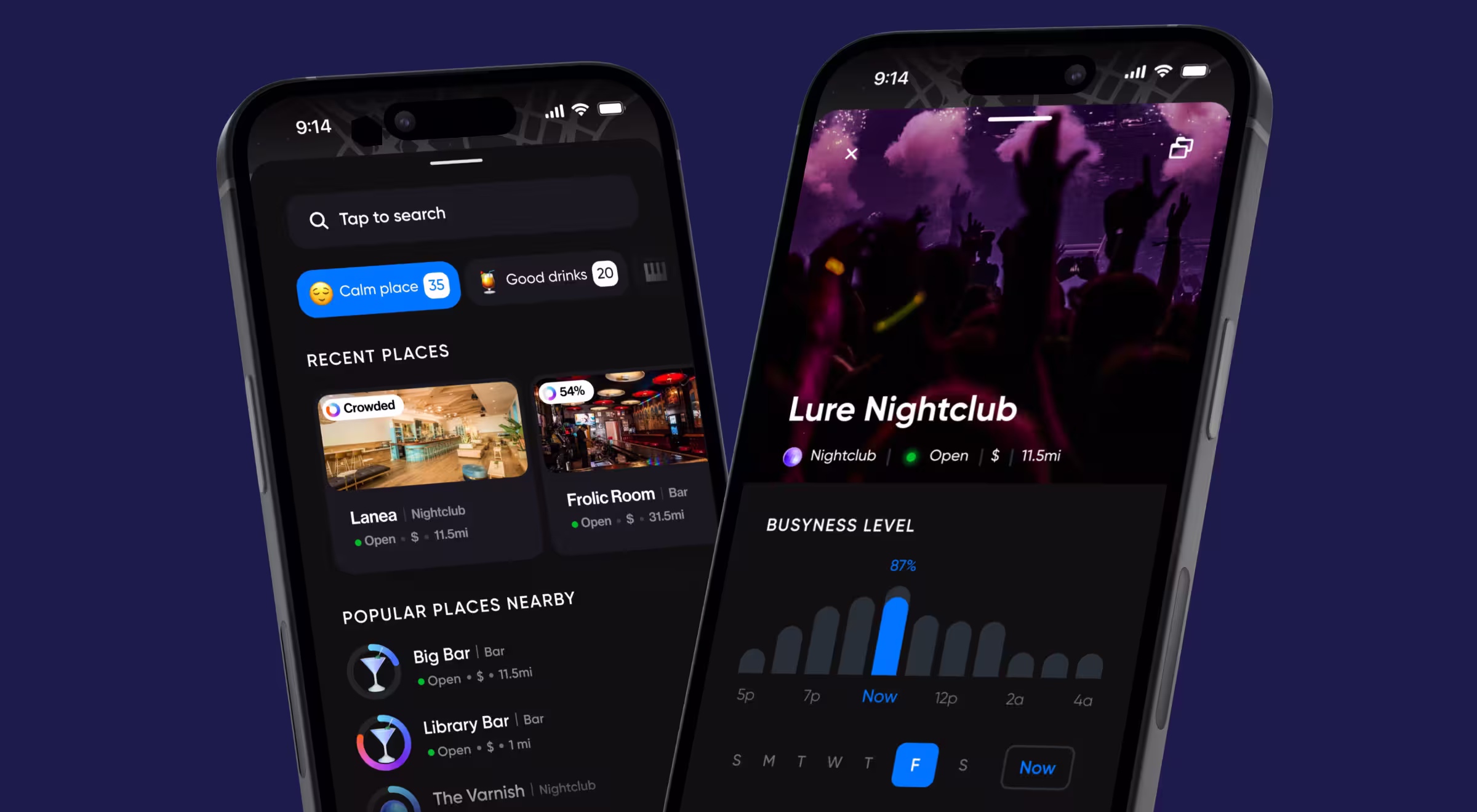 Nightlife mobile app interface on smartphones showing nearby bars, recent places, and live busyness level at Lure Nightclub