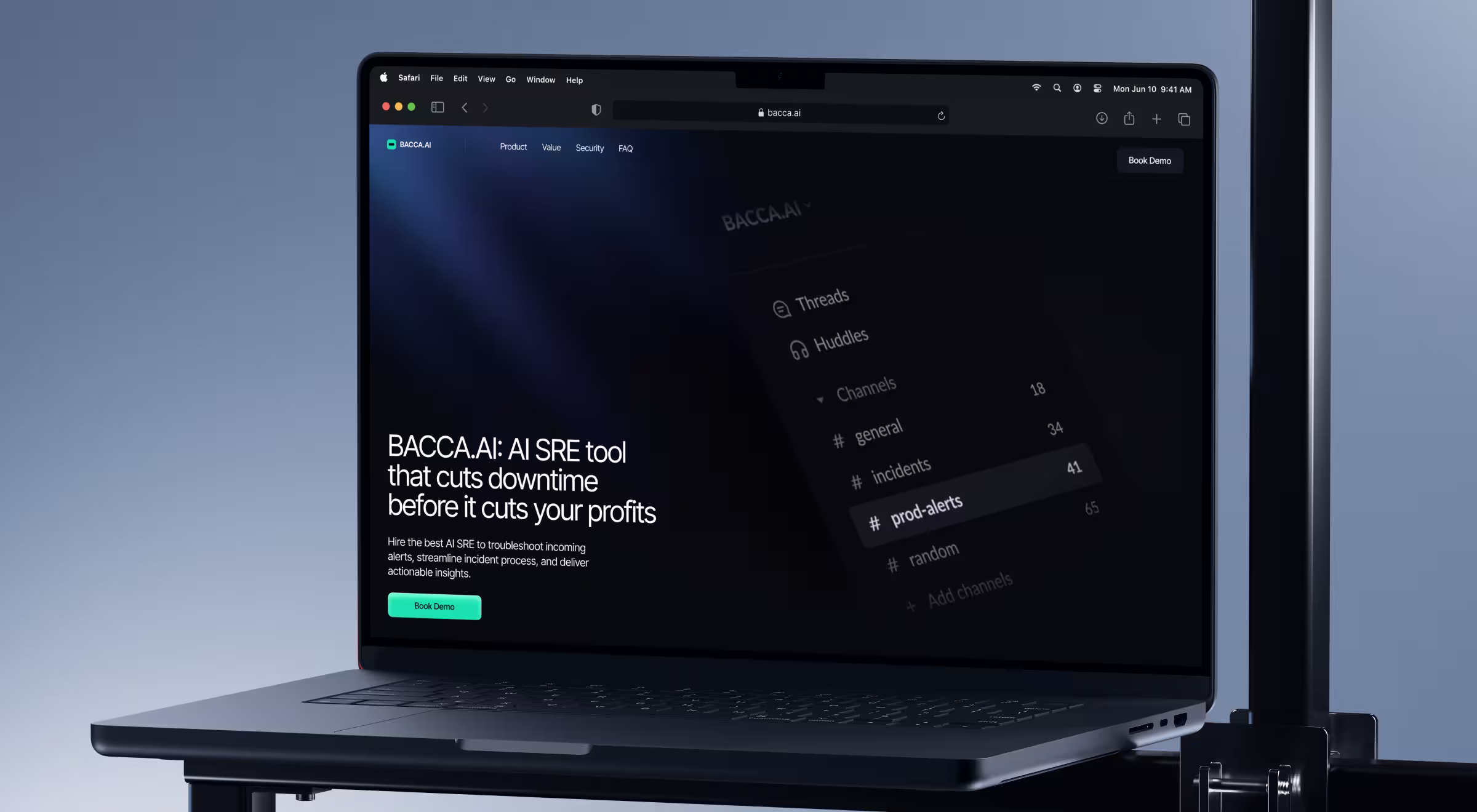BACCA.AI website on laptop screen showcasing AI SRE tool for reducing downtime, streamlining incident alerts, and protecting business profits