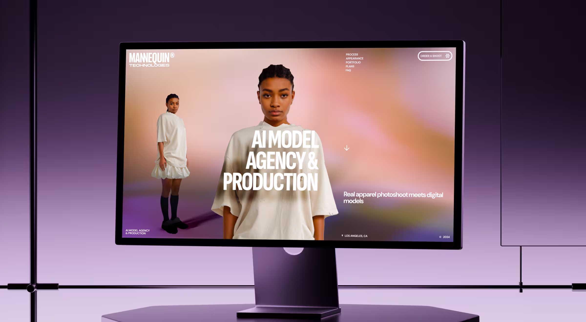AI model agency website design on desktop screen showing digital fashion model with tagline ‘AI Model Agency & Production’ on a gradient background