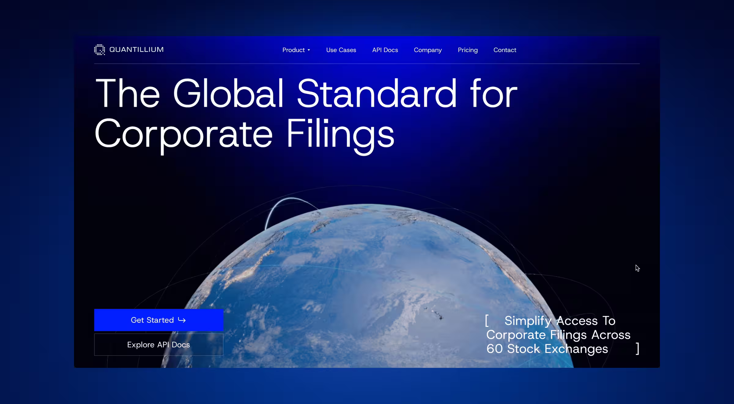 Quantillium website homepage with tagline "The Global Standard for Corporate Filings," featuring a globe background and call-to-action button for API documentation