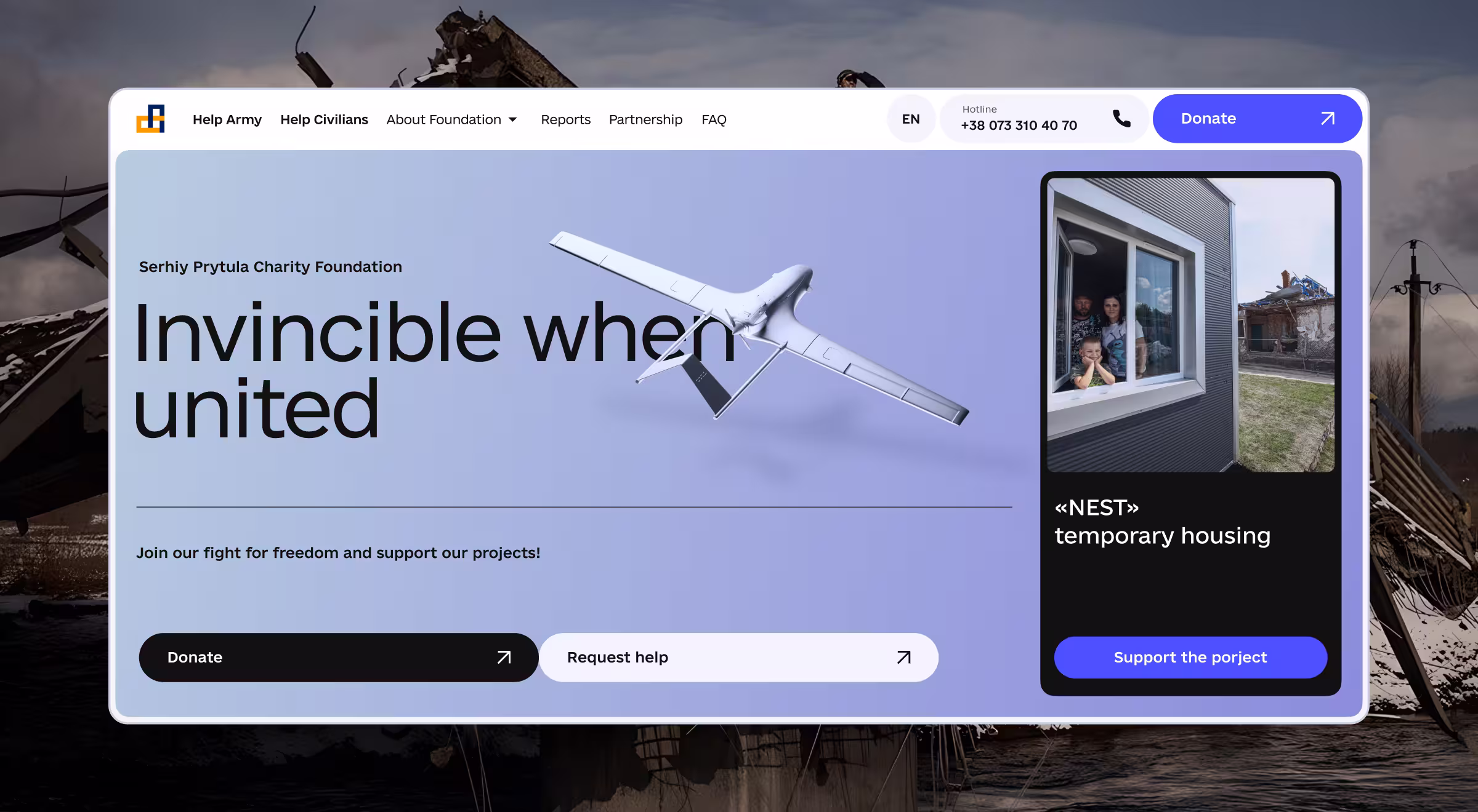 Serhiy Prytula Charity Foundation website banner with call to donate, featuring drone illustration and NEST temporary housing project for Ukrainian families