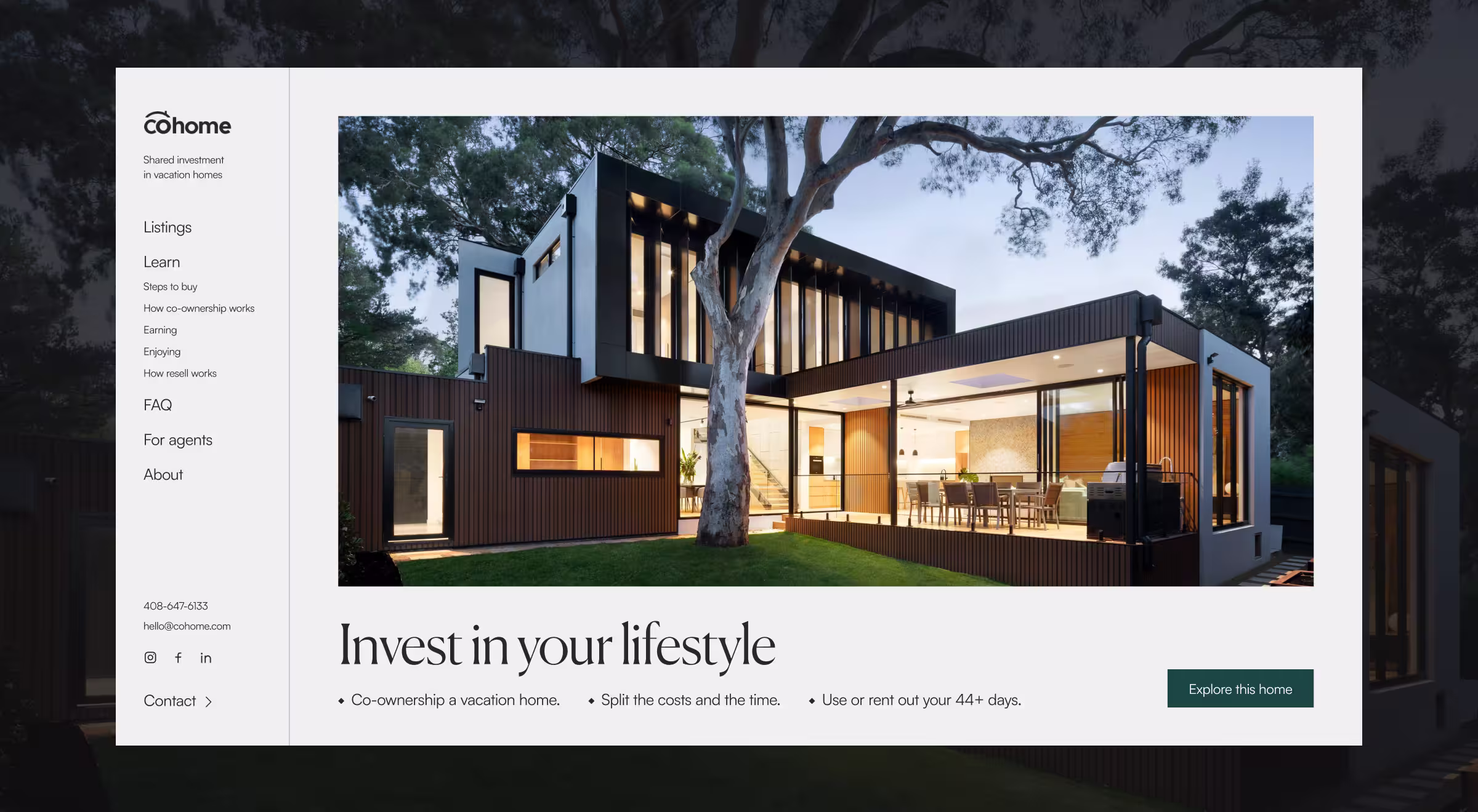 Real estate co-ownership platform UI showing modern vacation home listing with investment details, lifestyle benefits, and property showcase design