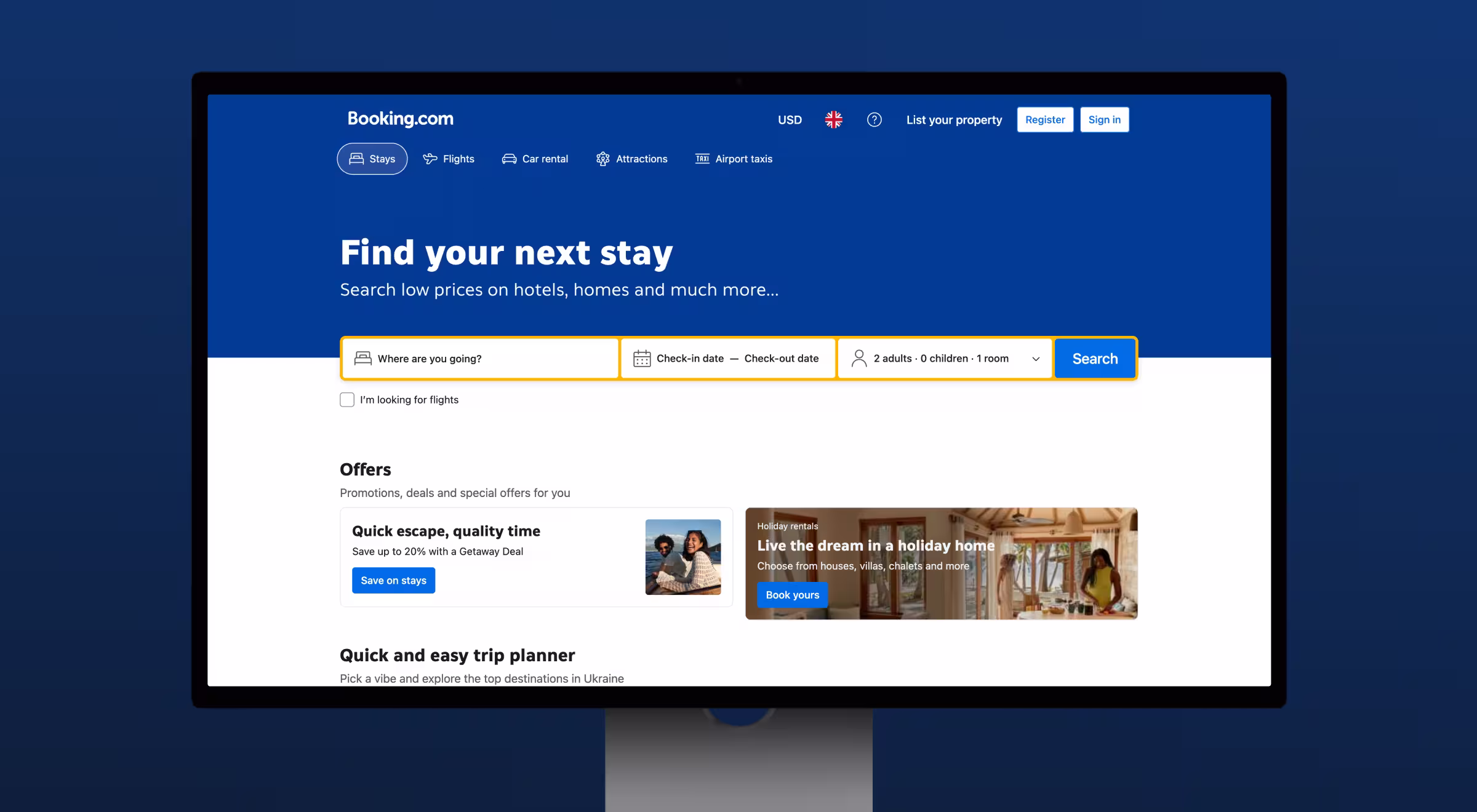 Screenshot of the Booking.com homepage displayed on a desktop screen. The interface shows a blue and white layout with a prominent search bar allowing users to enter a destination, check-in/check-out dates, and number of guests and rooms. Navigation options at the top include Stays, Flights, Car rental, Attractions, and Airport taxis. Promotional banners and trip planning offers are visible below the search area.