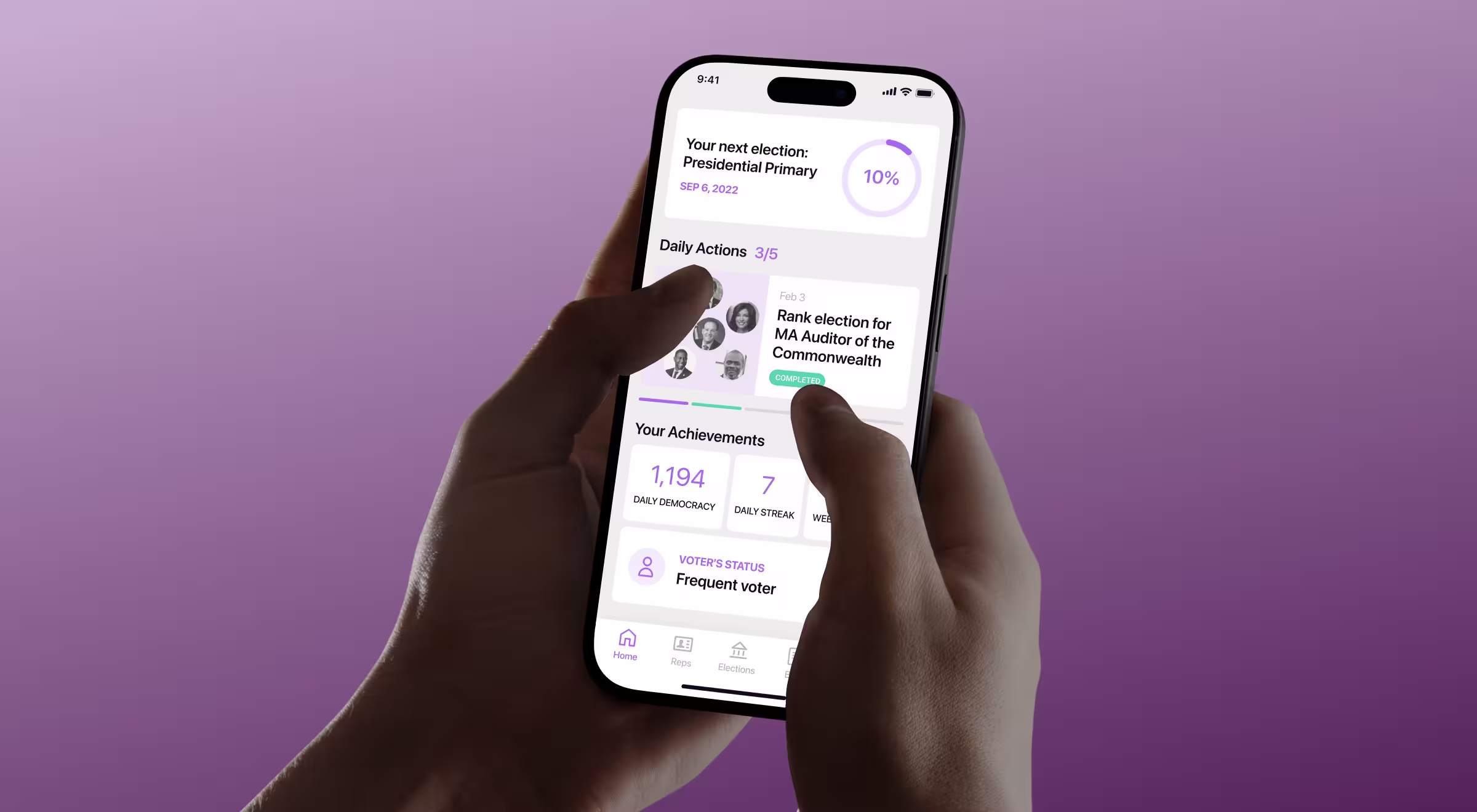 Close-up of hands holding a smartphone with a civic engagement app open on the screen, displaying upcoming election details, daily action tasks, user achievements, and voter status, against a gradient purple background.